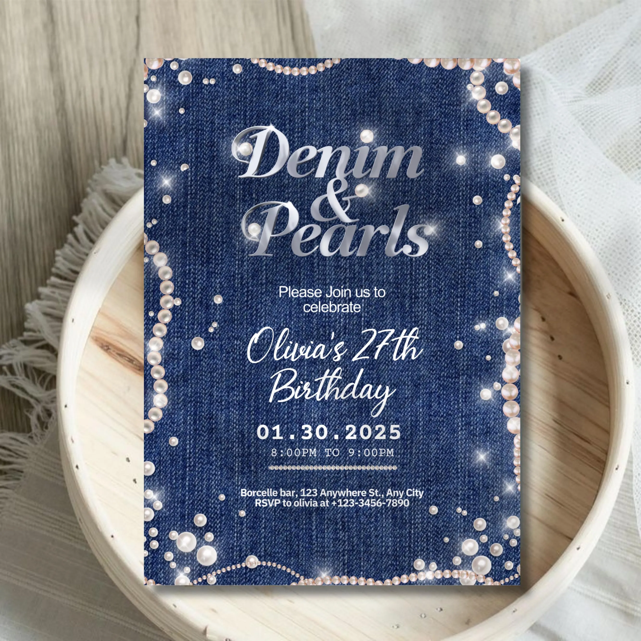 Denim and Pearls Birthday Invitation Template, Printable Pearl and Denim, Denim Birthday Party,Denim Party Invite,Pearls Invitation Template