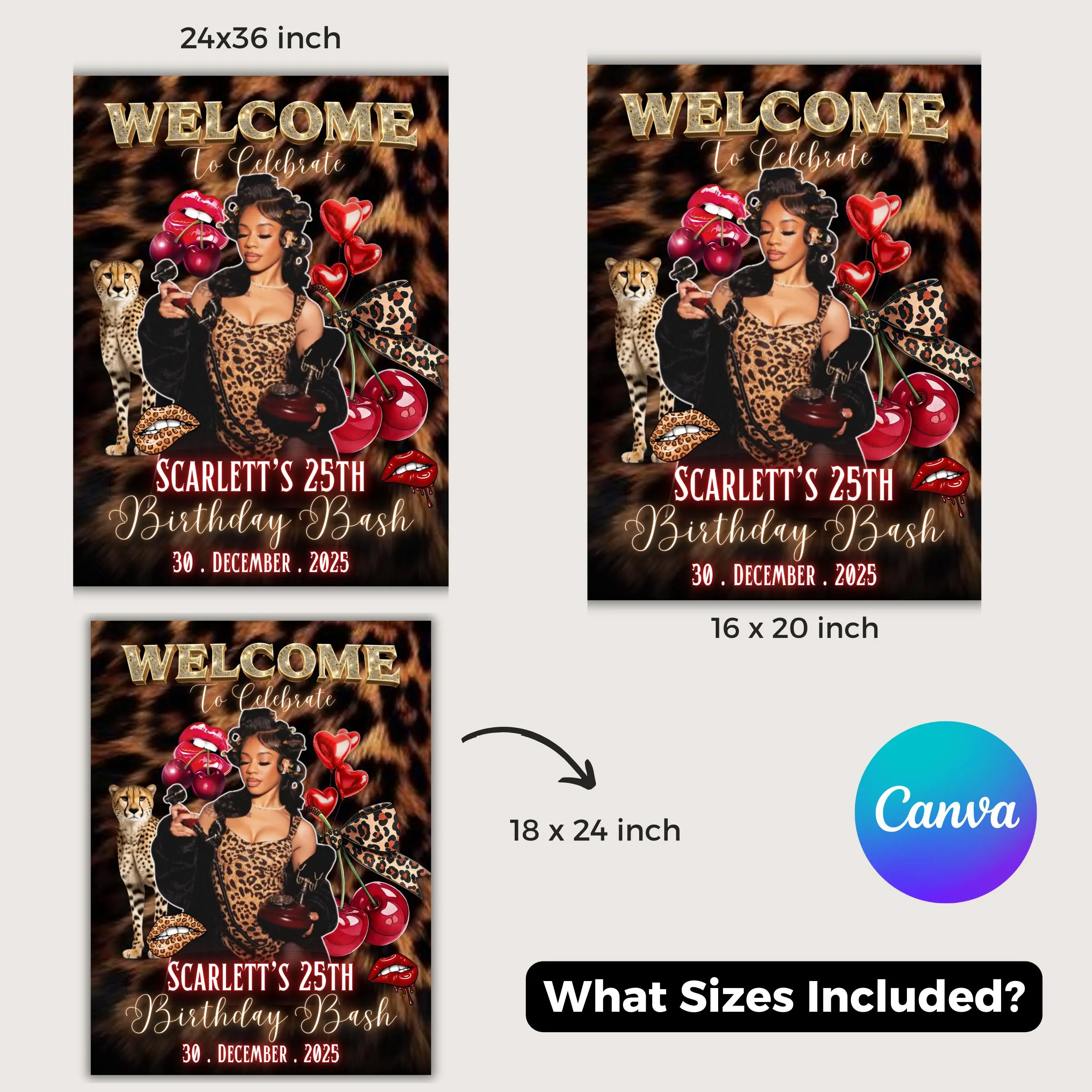 Cheetah Print Birthday Welcome Sign Leopard Red and gold Sign Poster,Red Cherry cheetah Party SignAdult cheetah Birthday Dinner sign - image 2