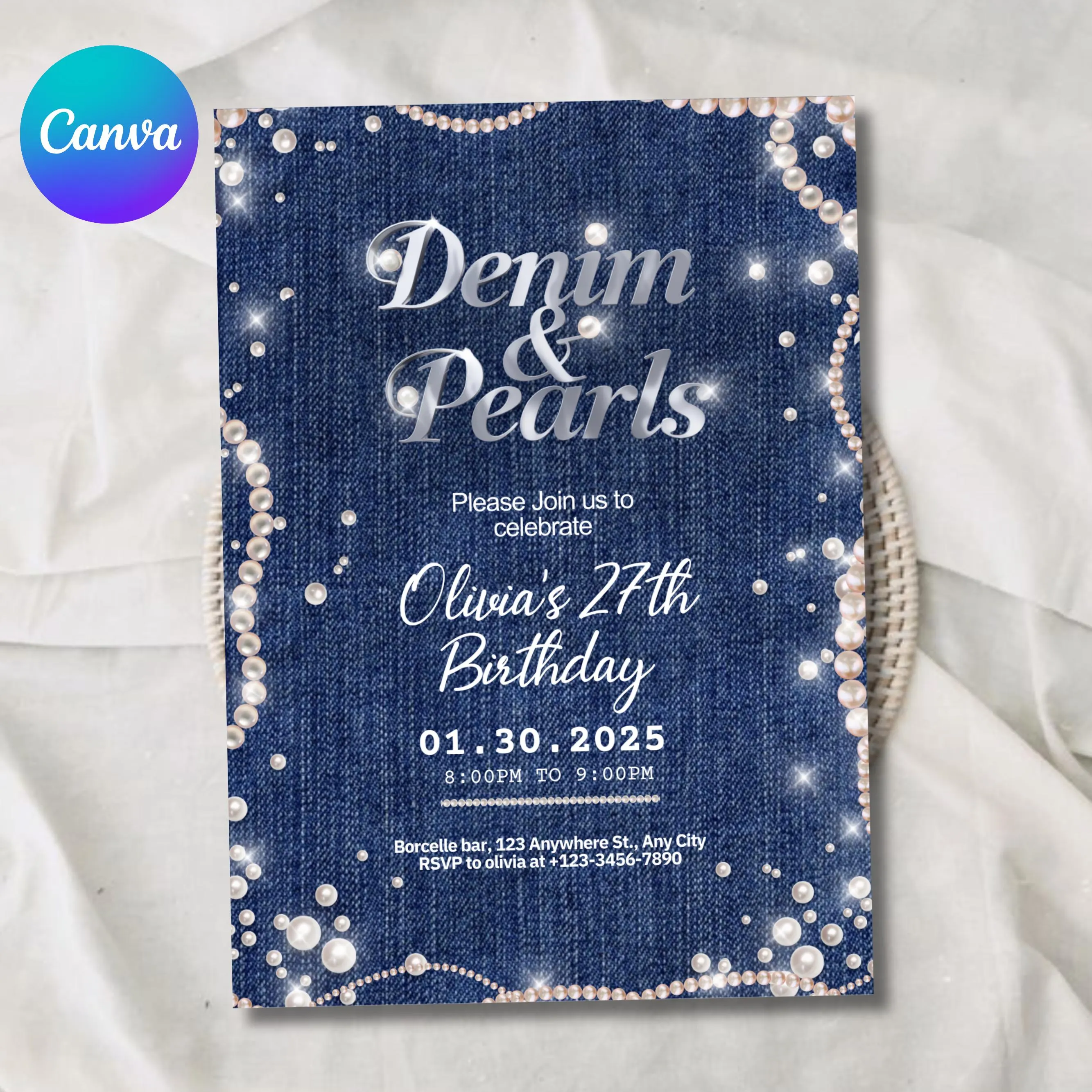 Denim and Pearls Birthday Invitation Template, Printable Pearl and Denim, Denim Birthday Party,Denim Party Invite,Pearls Invitation Template - image 2