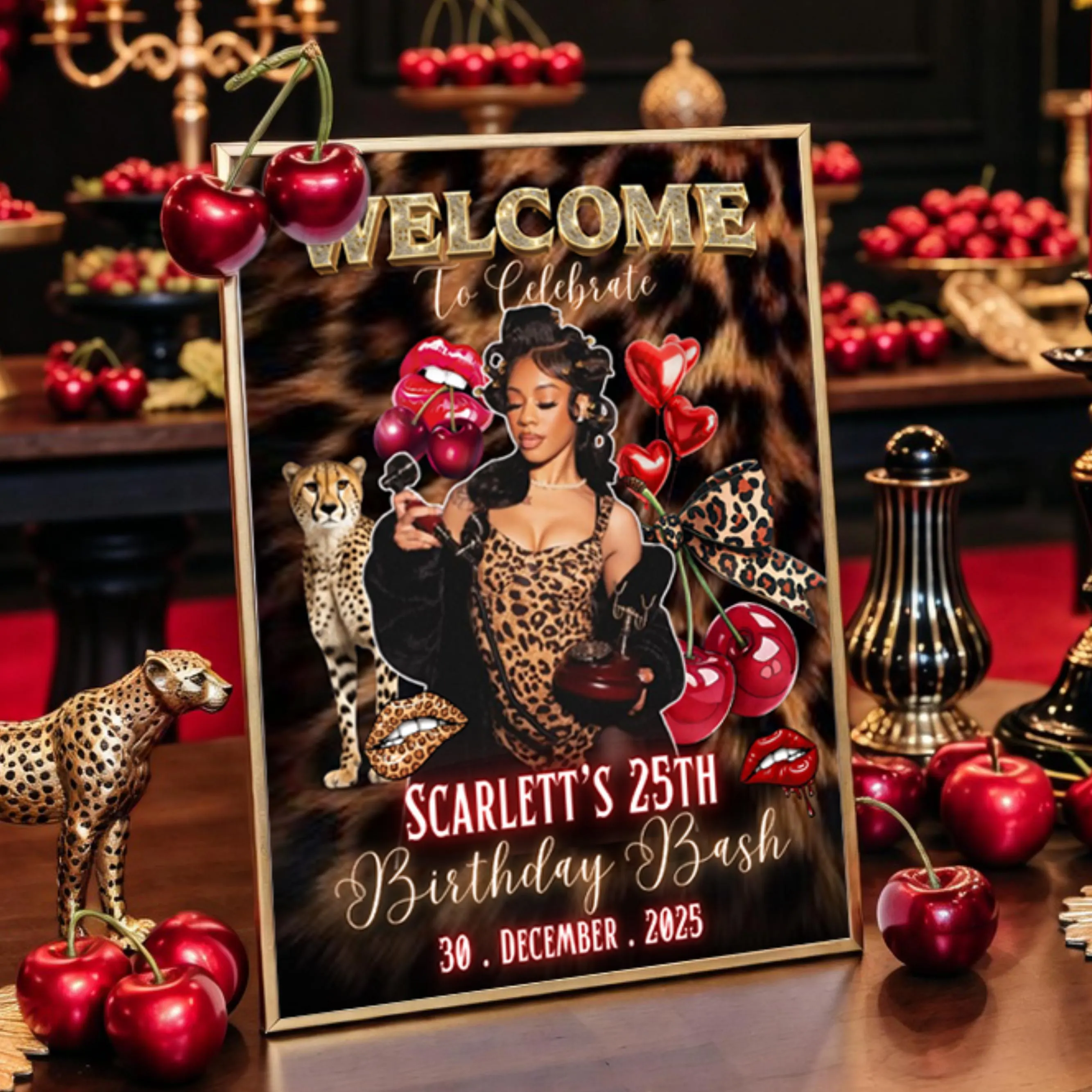 Cheetah Print Birthday Welcome Sign Leopard Red and gold Sign Poster,Red Cherry cheetah Party SignAdult cheetah Birthday Dinner sign