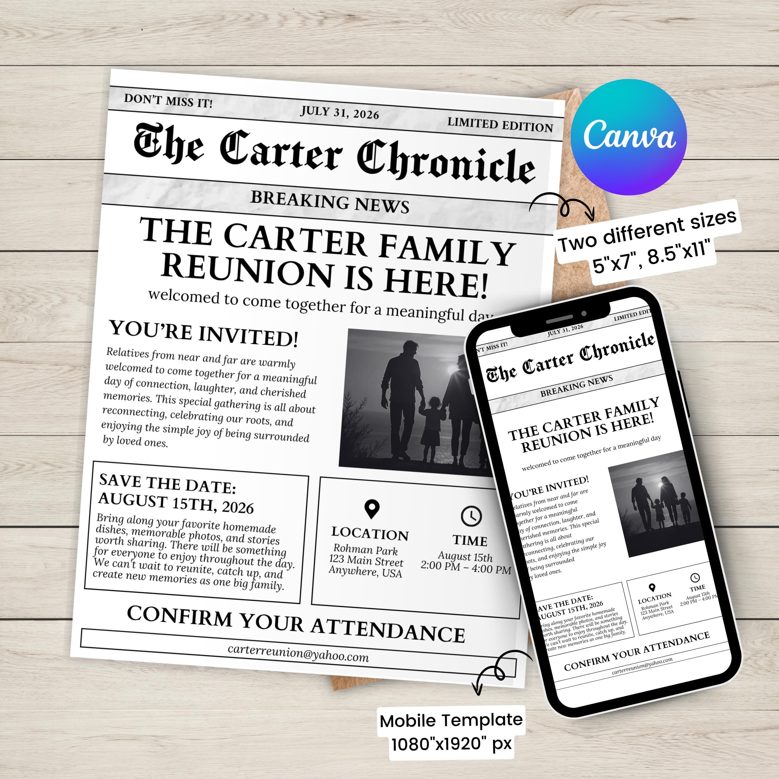 Family Reunion Flyer Template, Editable Newspaper Style Invite, Family Reunion Invitation Family Tree Reunion Invitation Announcement - image 5