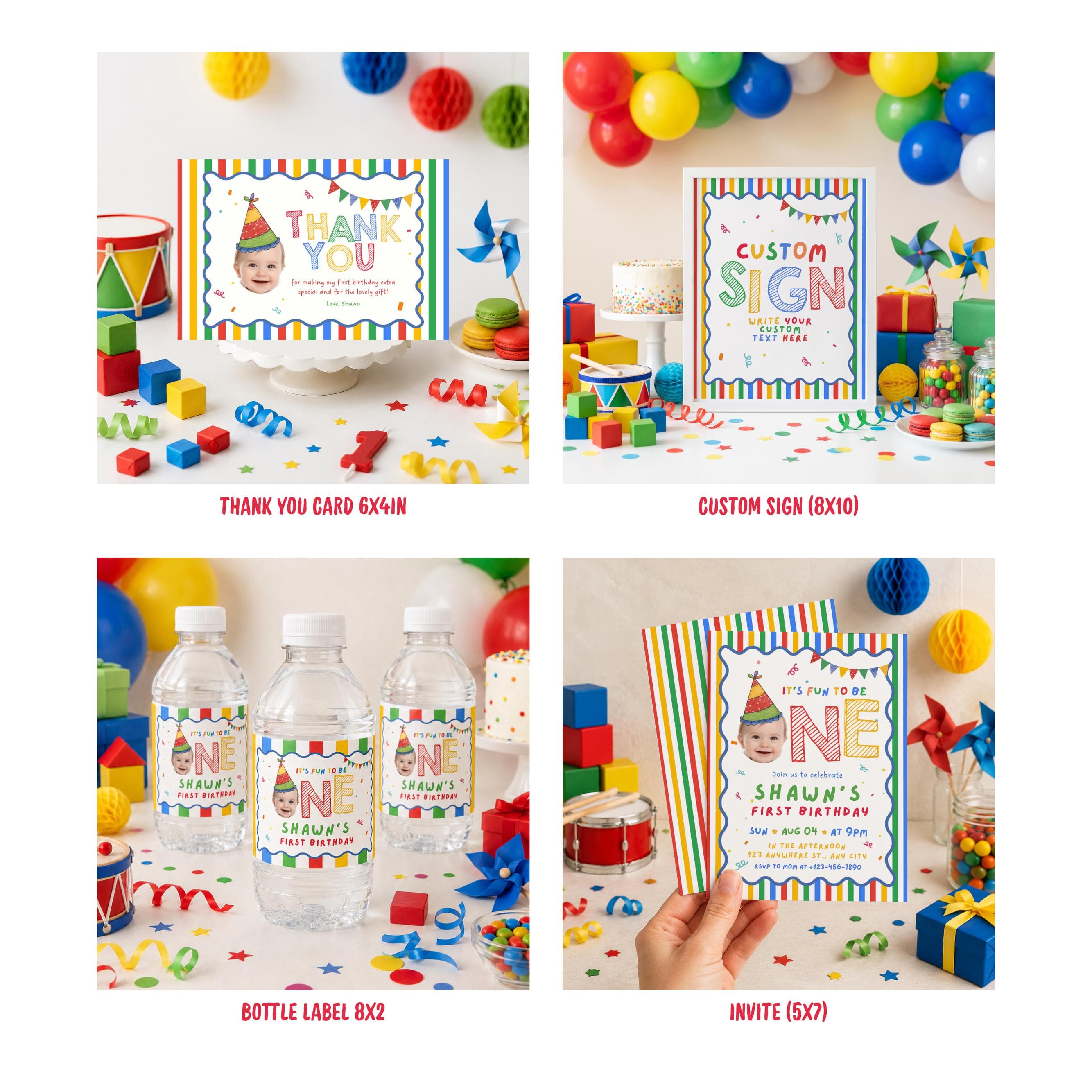 Fun to Be One Birthday Bundle, One is Fun Party Hat Birthday Party,Its fun to be one birthday Invitation, Colorful Boy Birthday Invite, Sign - image 3
