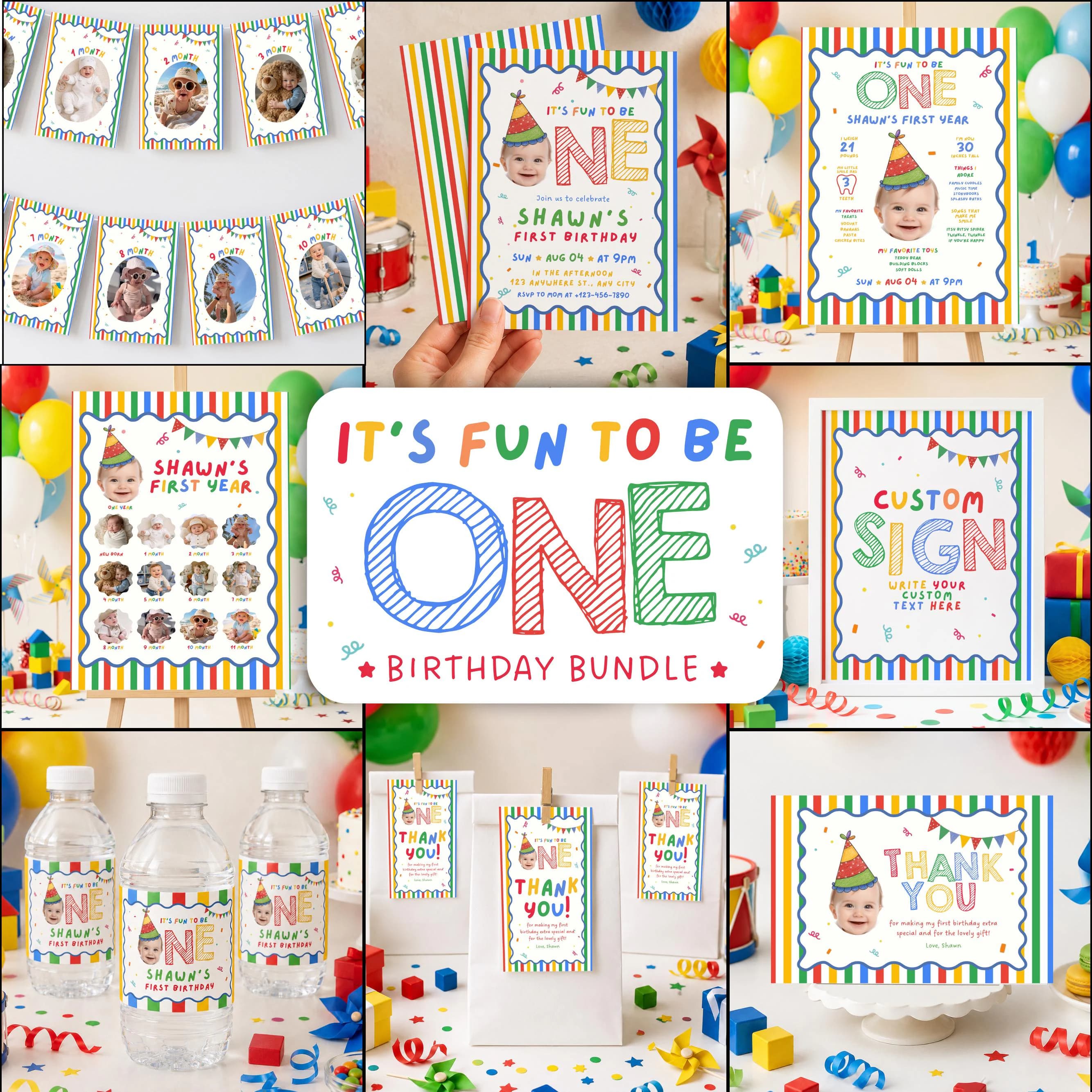 Fun to Be One Birthday Bundle, One is Fun Party Hat Birthday Party,Its fun to be one birthday Invitation, Colorful Boy Birthday Invite, Sign