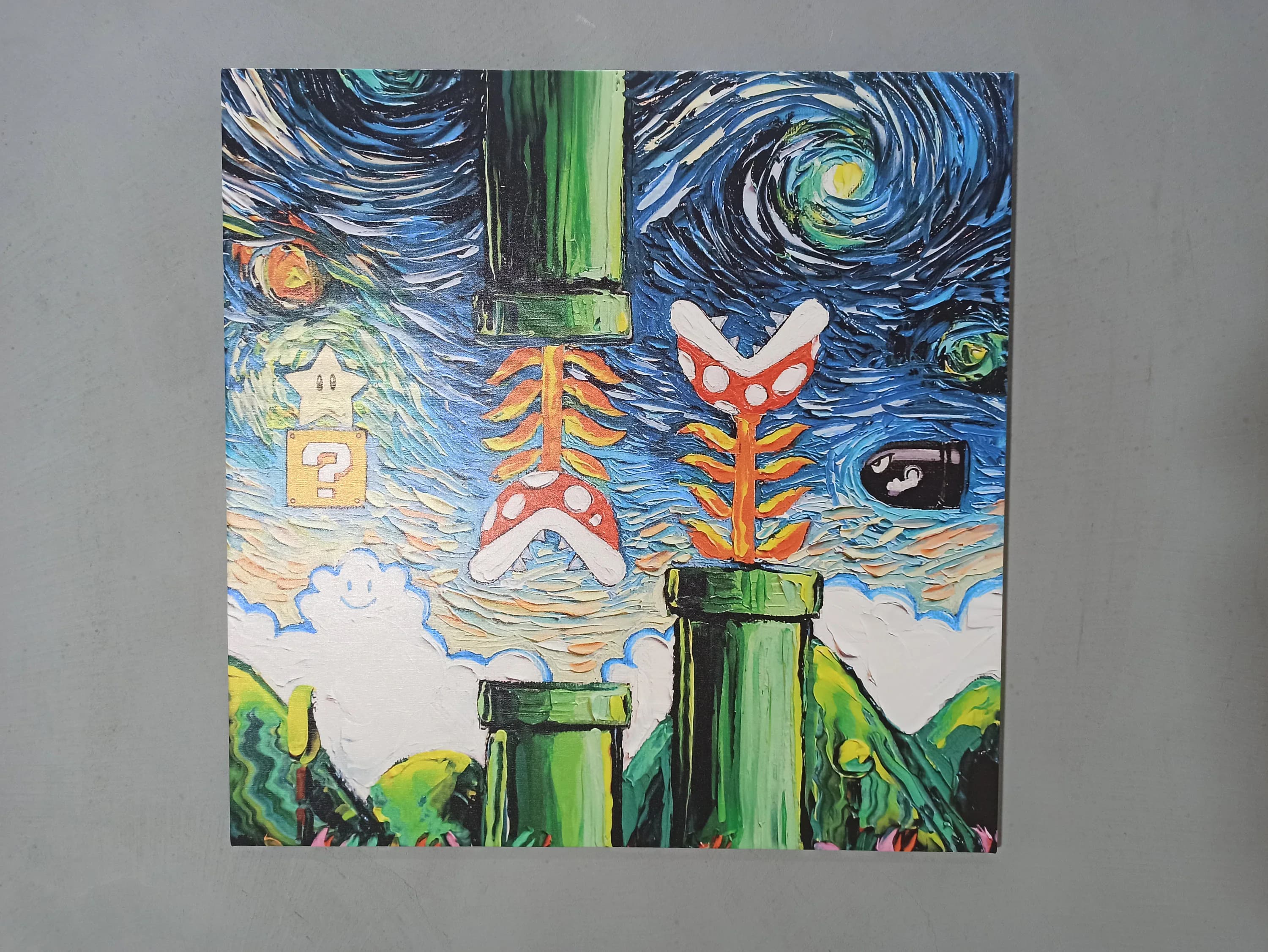 Van Gogh Style Mario Painting, Modern Wall Art, Gaming Room Wall Decor, Super Mario World Wall Art, Starry Night Wall Decor,