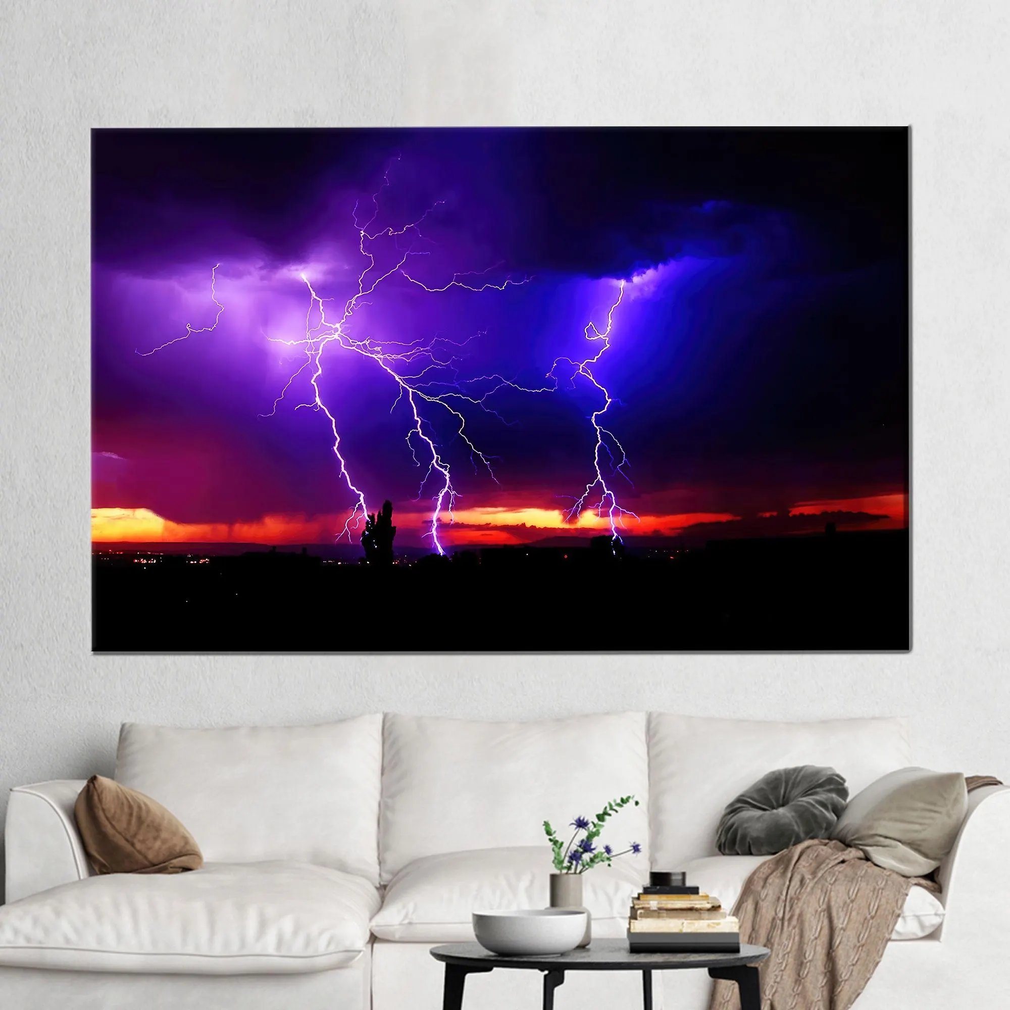 Lightning Storm Canvas Wall Art, Purple Sky Thunder Poster, Dramatic Nature Photography Print for Living Room or Office Decor