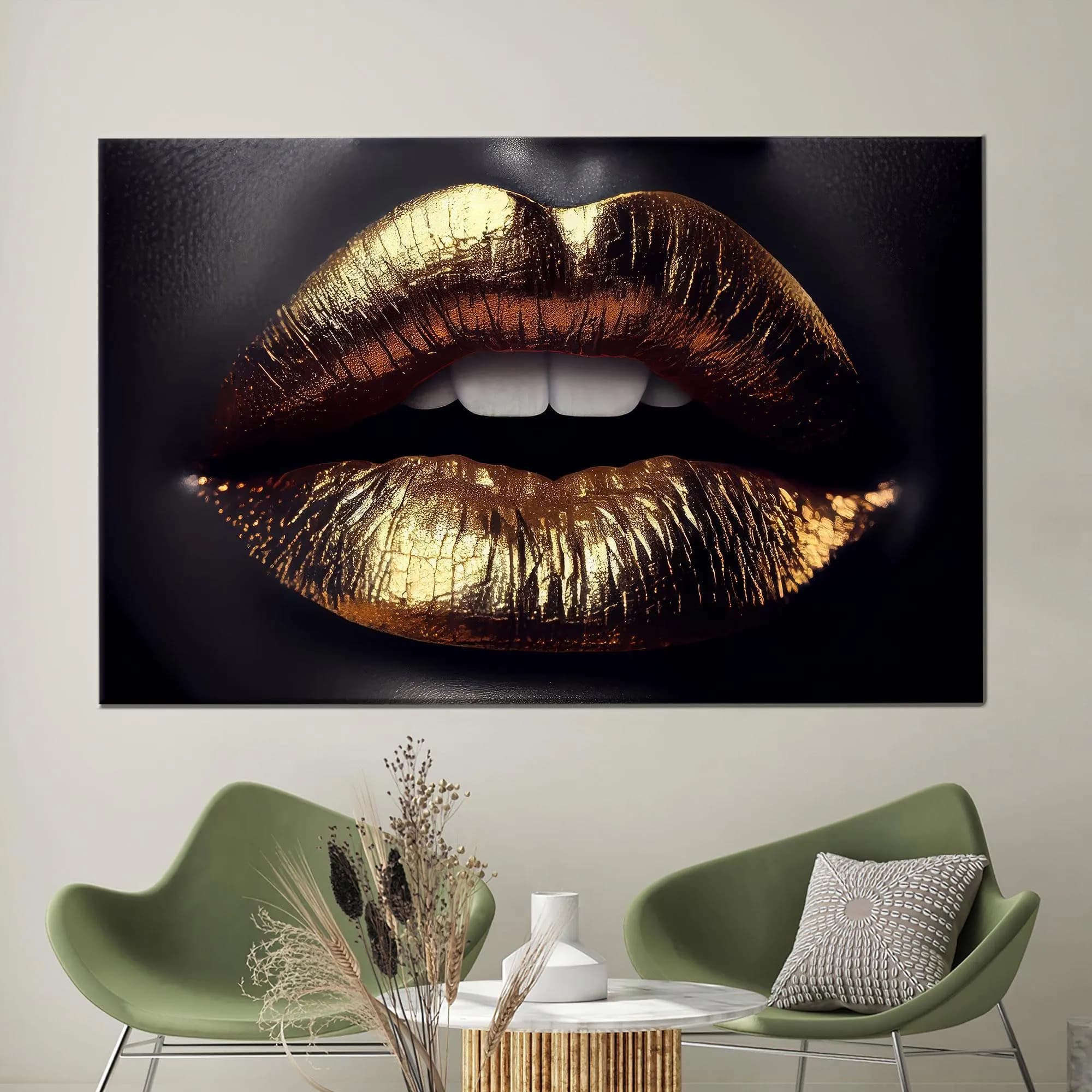 Luxury Gold Lips Canvas Wall Art, Glamorous Black and Gold Fashion Poster, Modern Beauty Portrait Print for Chic Bedroom or Salon Decor
