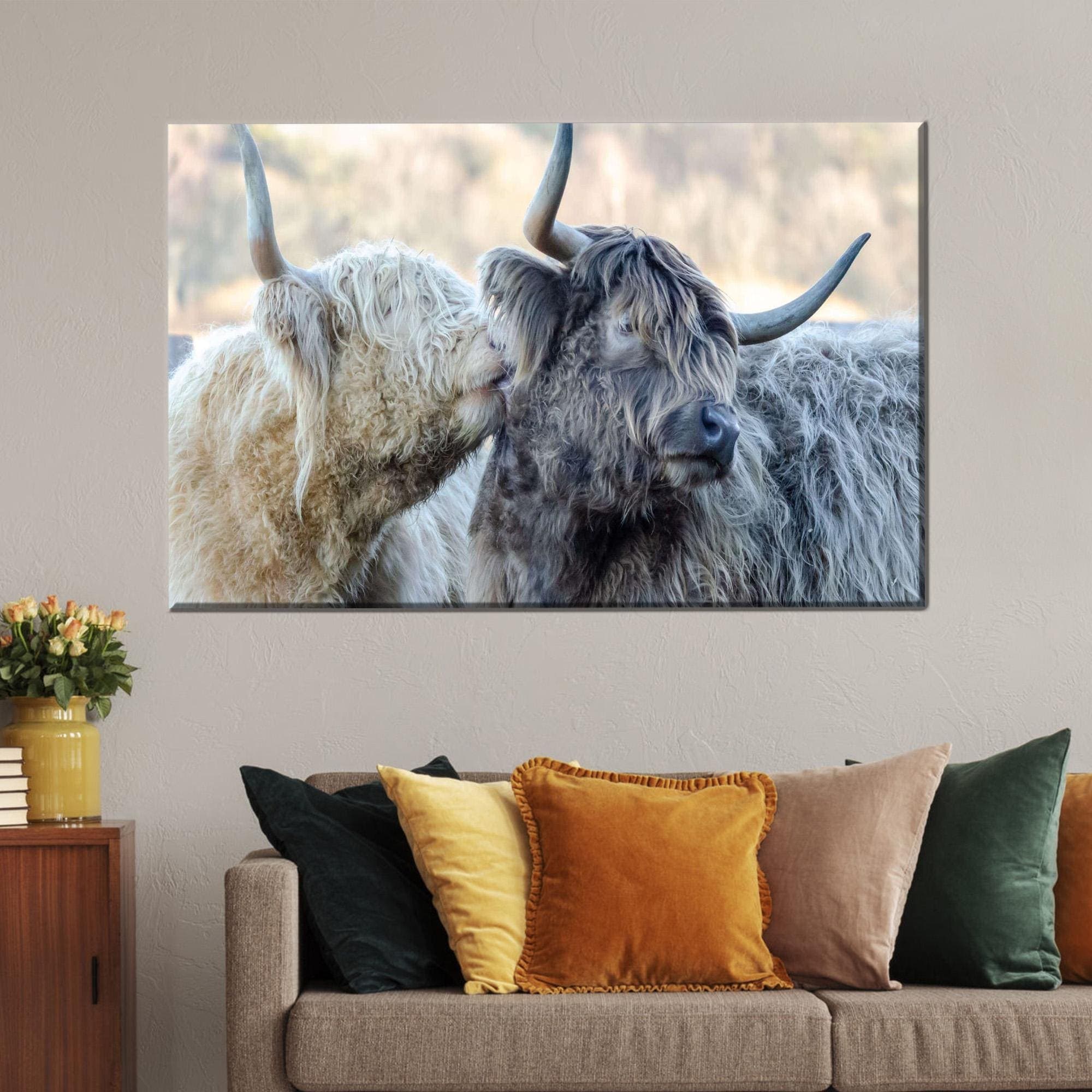 Two Ox Canvas Poster, Cow Printed, Bridesmaid Gift, Room Decor Canvas Art, Animal Canvas Decor, Ox Canvas Decor, Framed Wall Art,