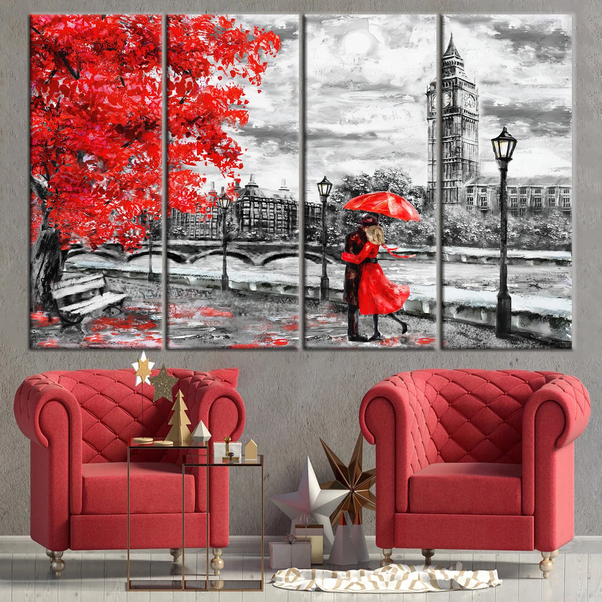 Modern Art Canvas, London Art, Umbrella Canvas Art, Red Umbrella Art, Landscape Art Canvas, Red Tree Canvas, Lovely Canvas Art, - image 5