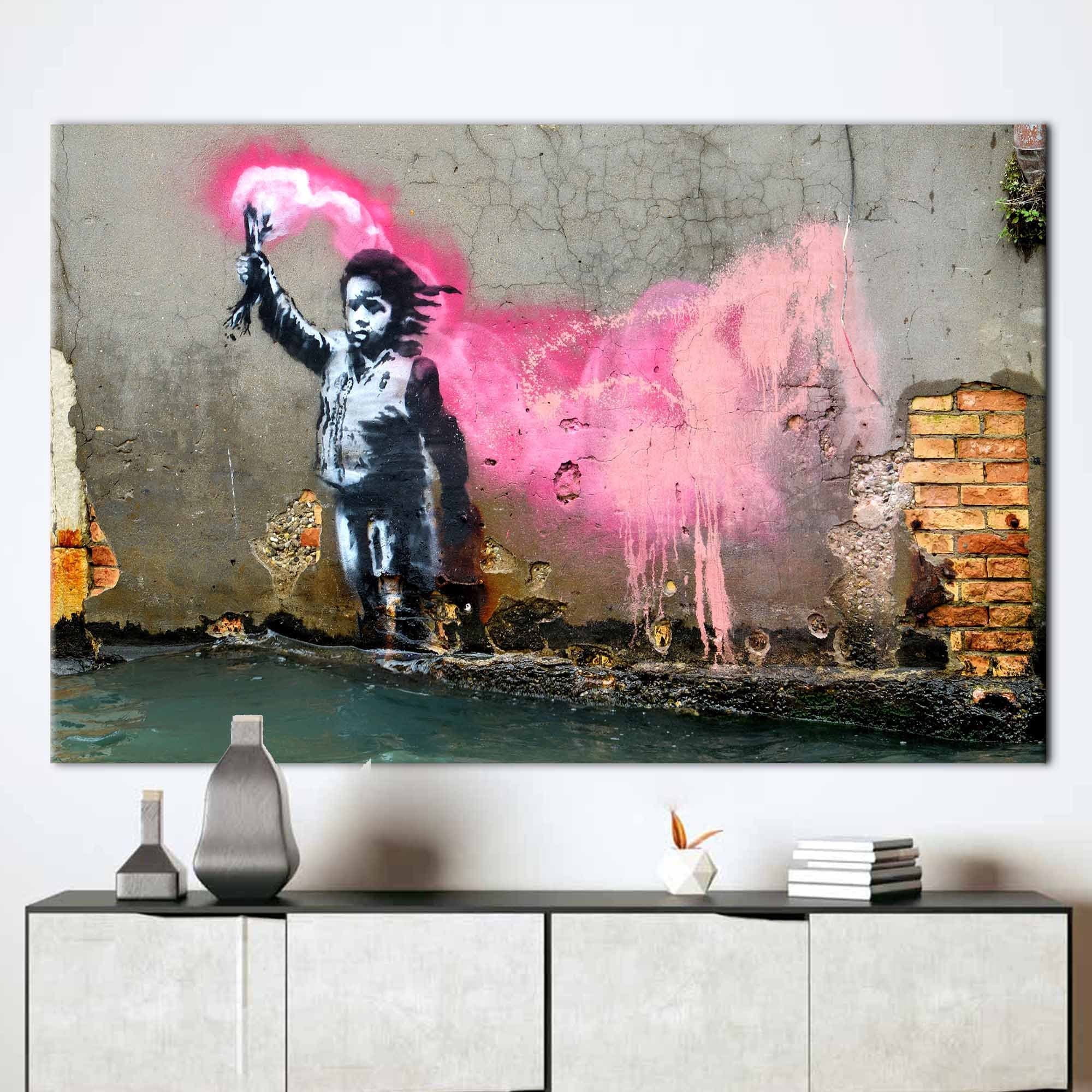 Banksy Style Street Art Print, Pink Smoke Girl Urban Graffiti Wall Canvas, Banksy Migrant Child, Banksy Graffiti Wall Decor, Street Poster