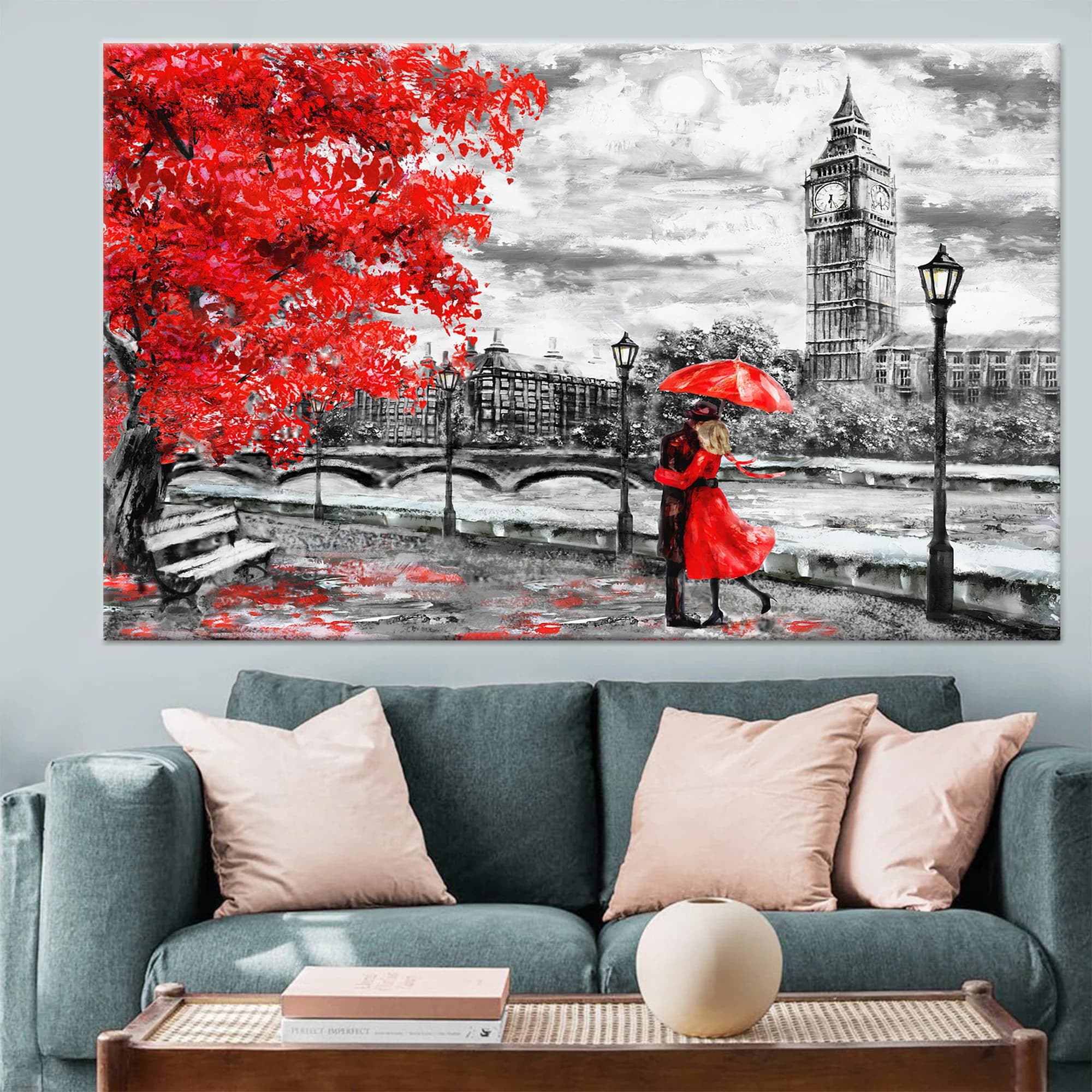 Modern Art Canvas, London Art, Umbrella Canvas Art, Red Umbrella Art, Landscape Art Canvas, Red Tree Canvas, Lovely Canvas Art, - image 3