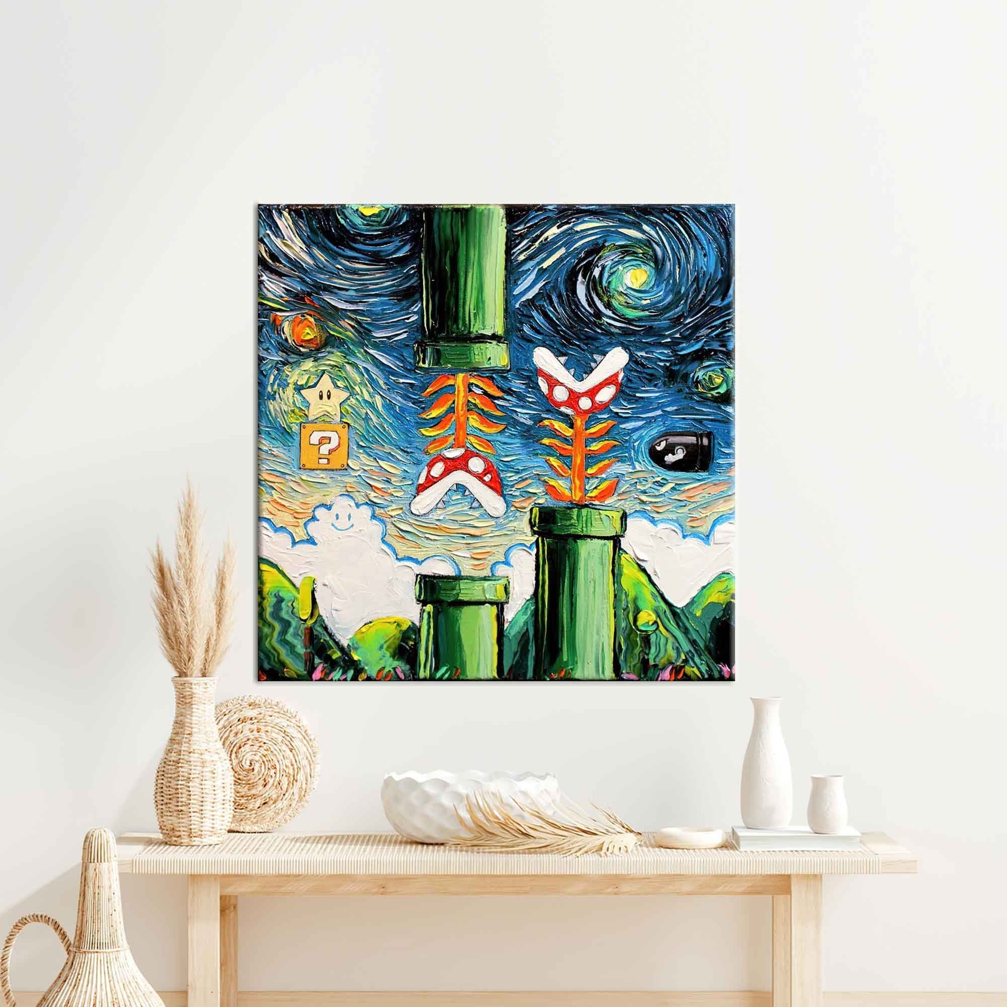 Van Gogh Style Mario Painting, Modern Wall Art, Gaming Room Wall Decor, Super Mario World Wall Art, Starry Night Wall Decor, - image 3