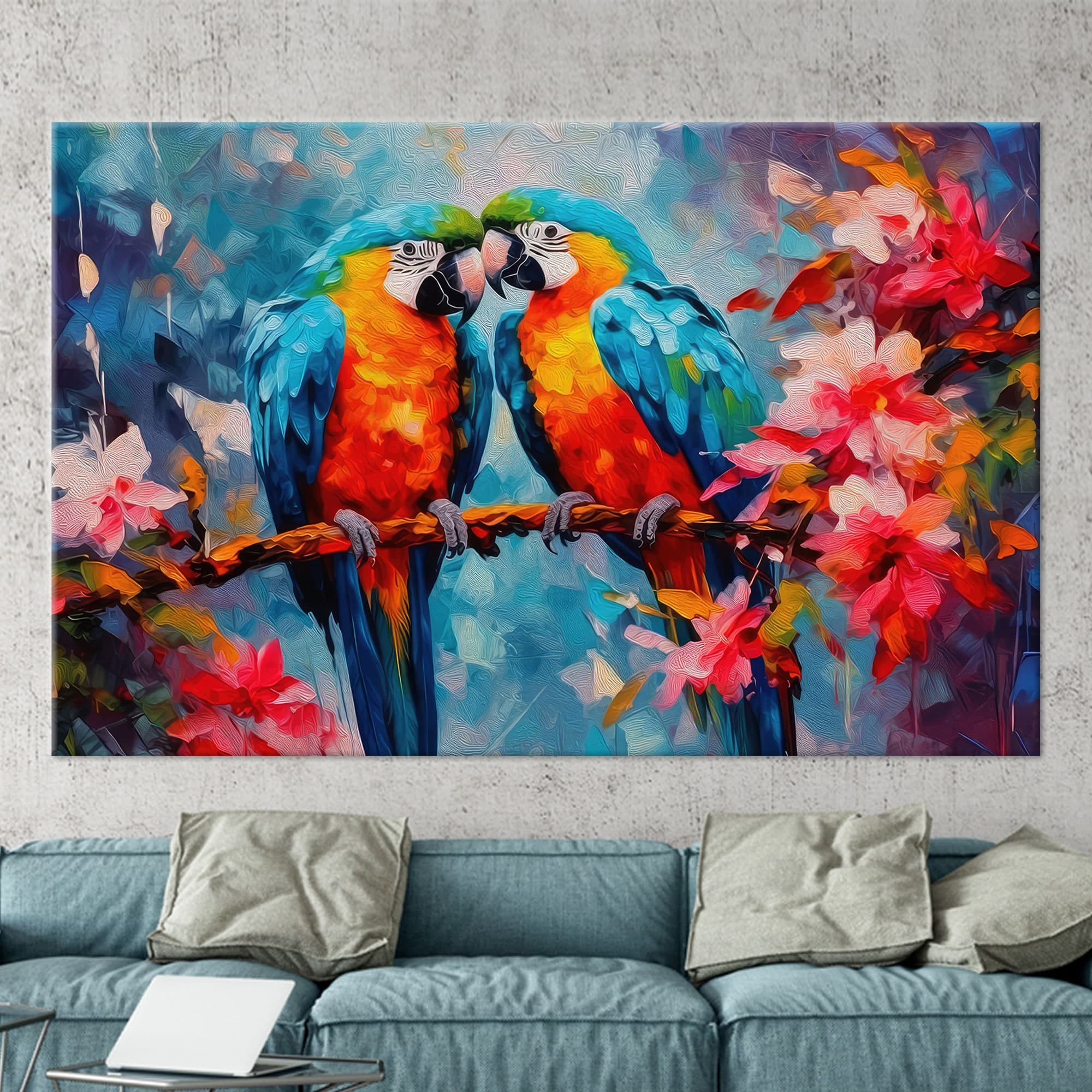 Animal Artwork, Parrot Couple Poster, Parrot Painting Print, Wall Art, Parrot Wall Decor, Gift Personalized, Modern Wall Decor, Abstract Art