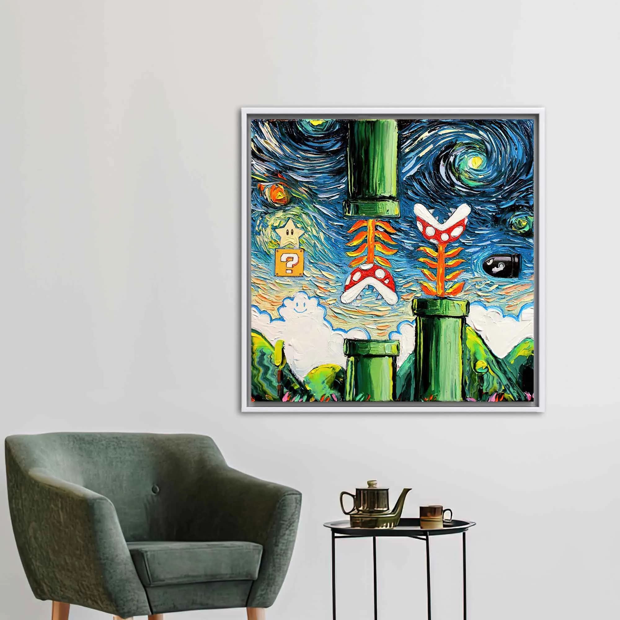 Van Gogh Style Mario Painting, Modern Wall Art, Gaming Room Wall Decor, Super Mario World Wall Art, Starry Night Wall Decor, - image 4