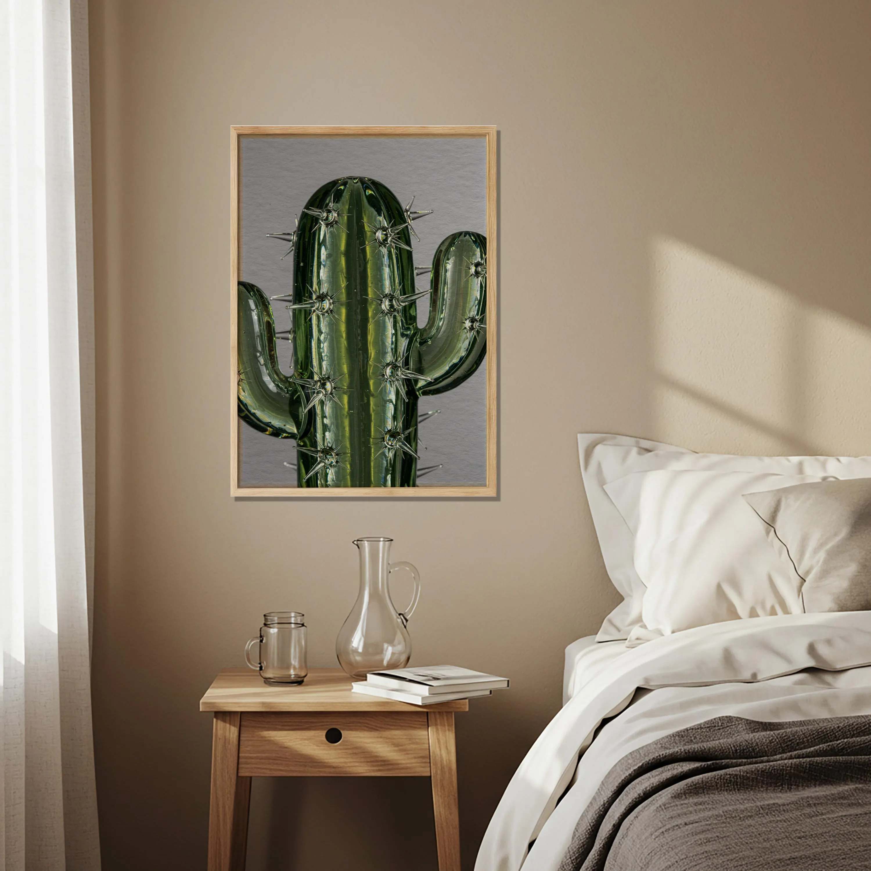 Glass Cactus Wooden Poster, Hyperrealistic Art, Modern Balcony Decor