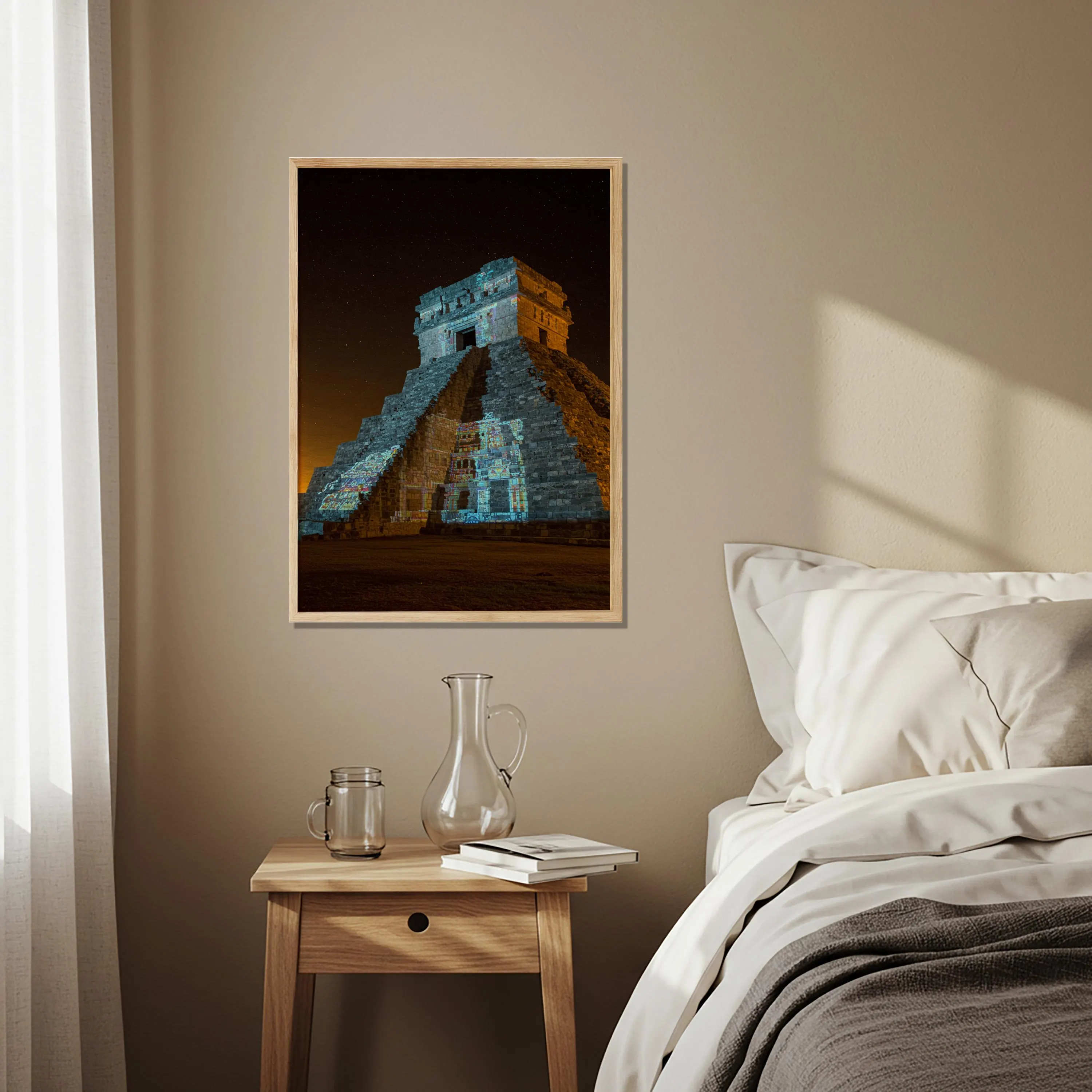 Mayan Pyramid Wooden Poster, Ancient Temple Wall Art, Historical Architecture Artwork, Night Sky Cultural Decor for Living Room Balcony