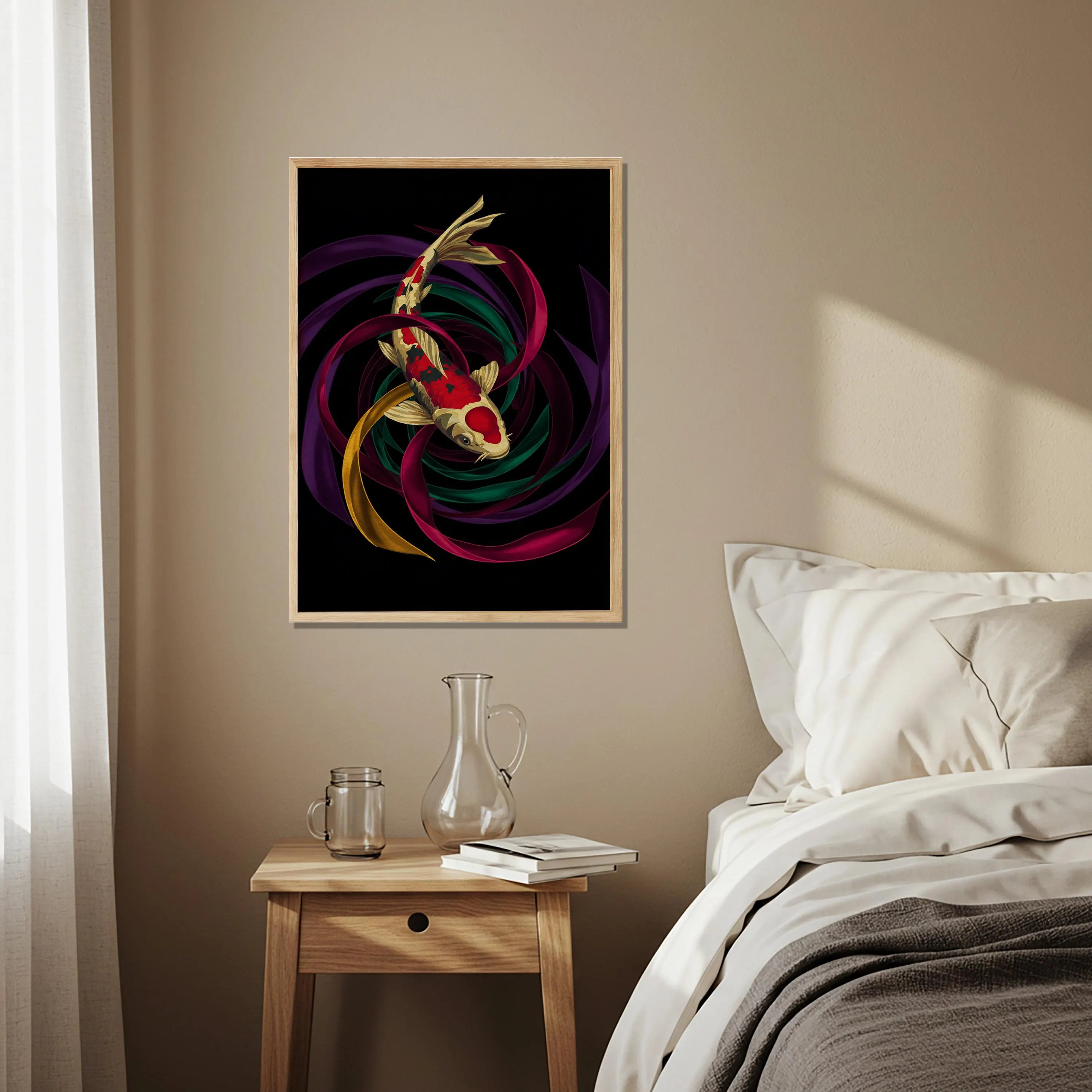 Koi Fish Wooden Poster, Japanese Wall Art, Zen Decor, Vibrant Abstract Artwork, Lucky Symbol Wall Poster for Living Room Balcony