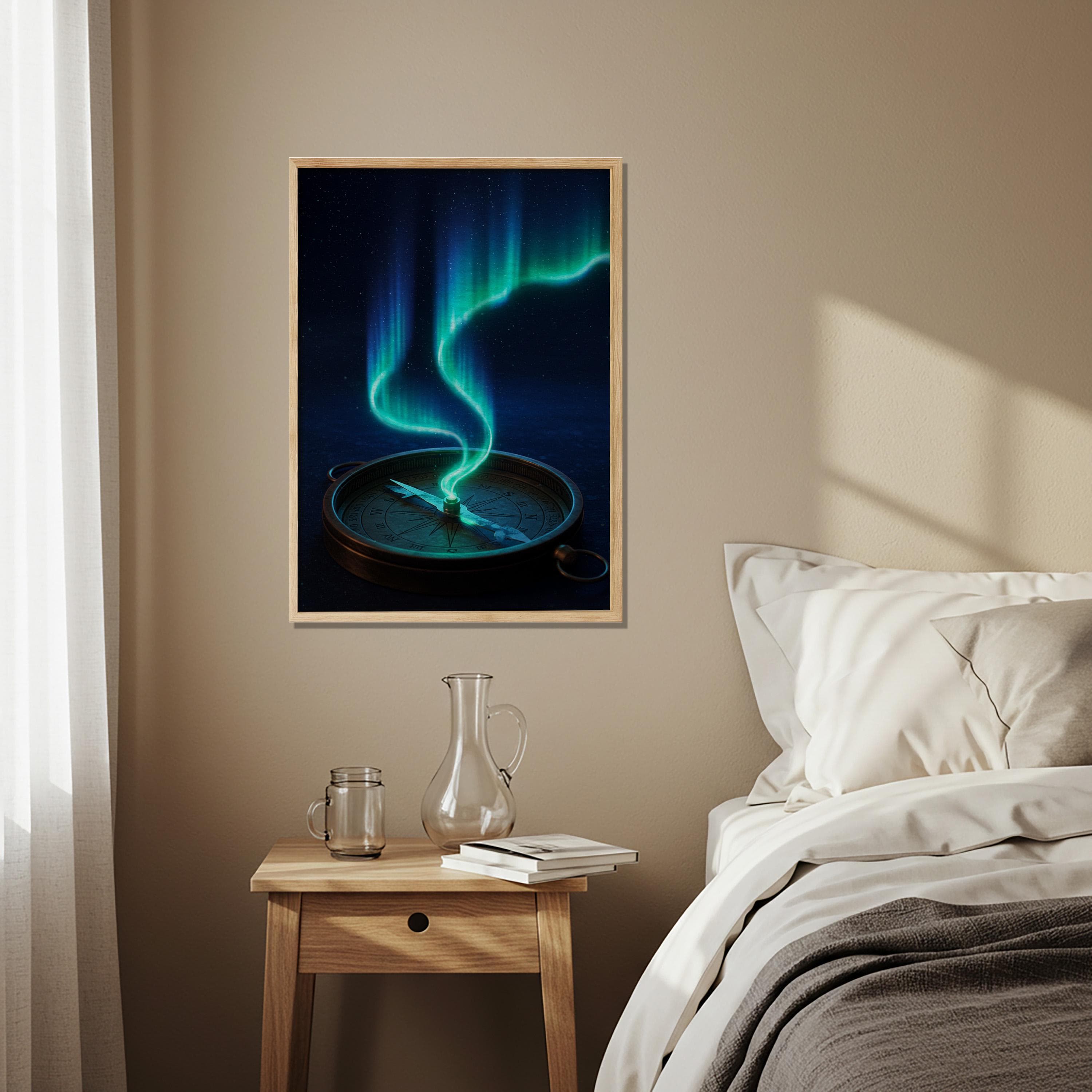 Aurora Compass Wooden Poster, Northern Lights Wall Art, Surreal Travel Artwork, Mystical Night Sky Decor for Living Room Balcony