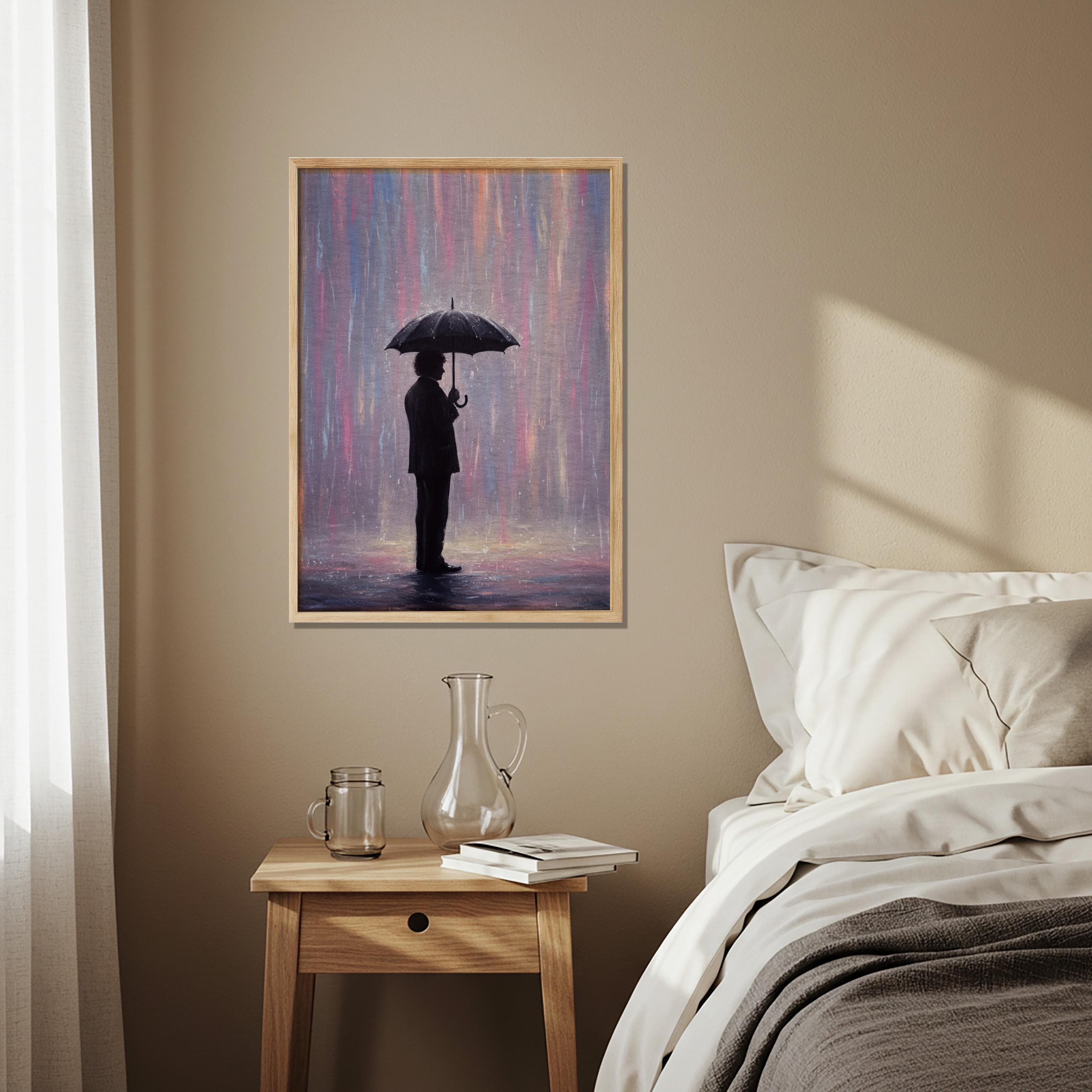 Rain Man Wooden Poster, Umbrella Wall Art, Melancholic Rainy Day Artwork, Emotional Silhouette Decor for Living Room Balcony, Atmospheric