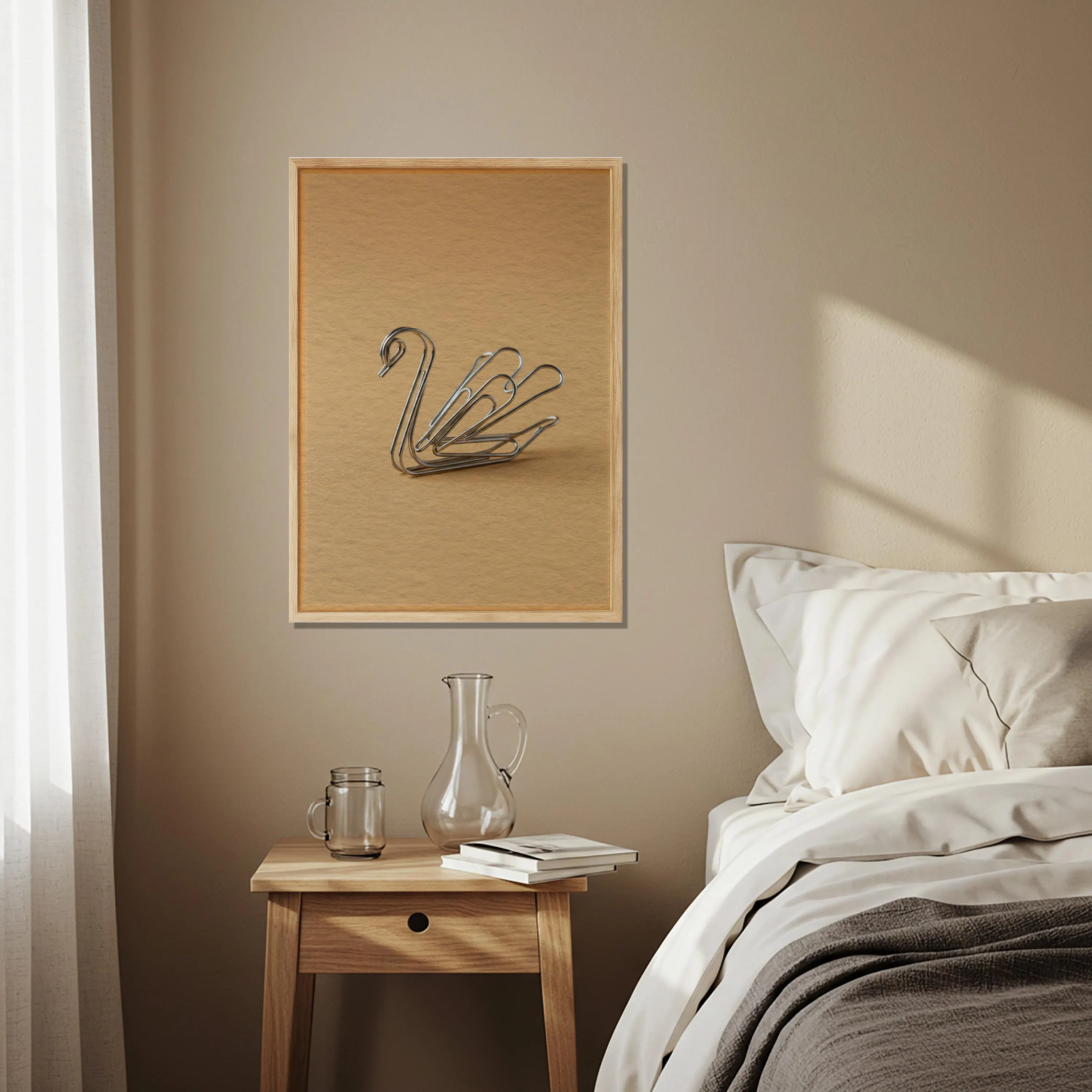 Minimal Swan Paperclip Art, Modern Office Wall Decor, Beige Background Artwork, Abstract Stationery Design for Calm Home Balconies