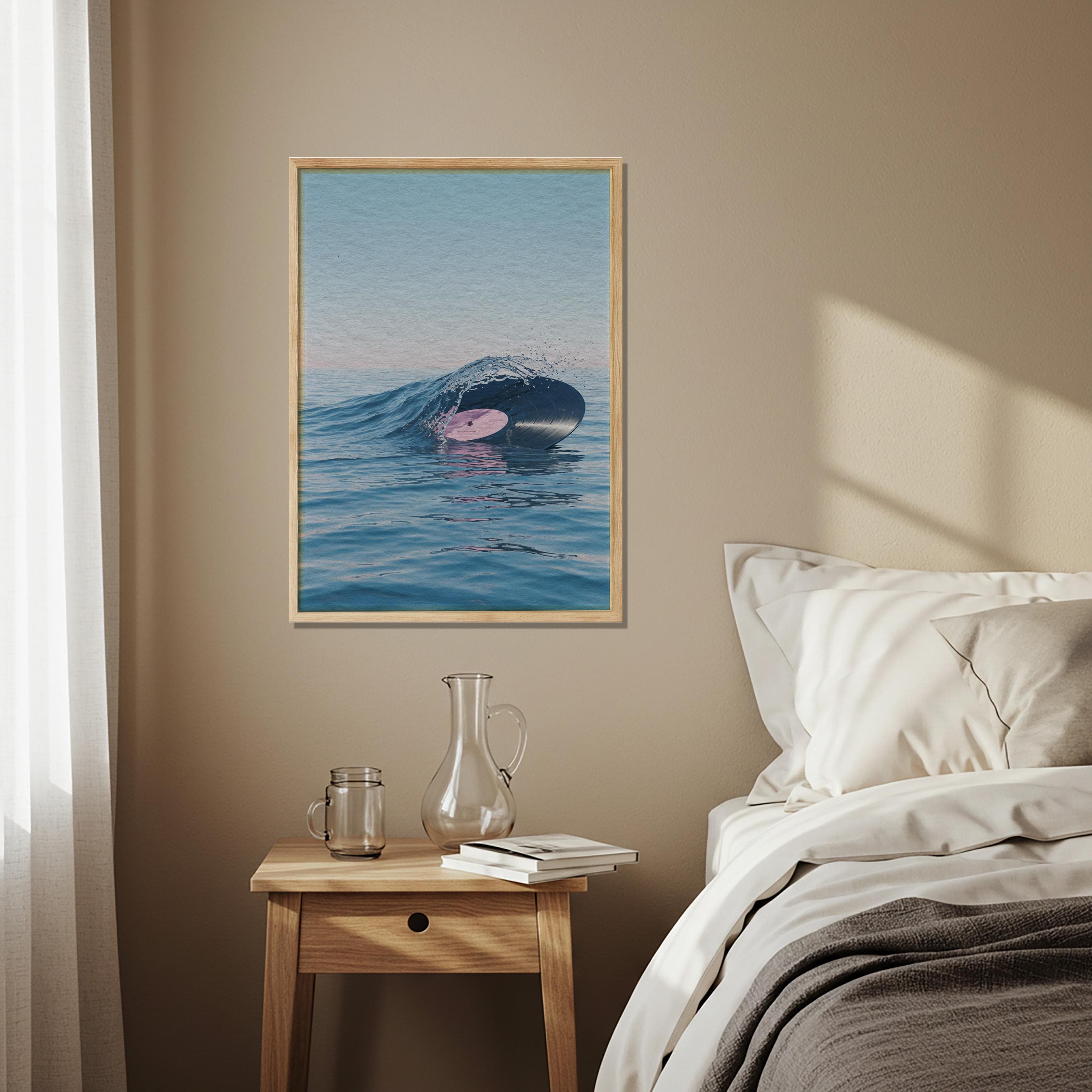Ocean Wave Vinyl Wall Art, Surreal Sea Record Illustration, Music Inspired Poster for Balcony or Coastal Room Wall Decoration