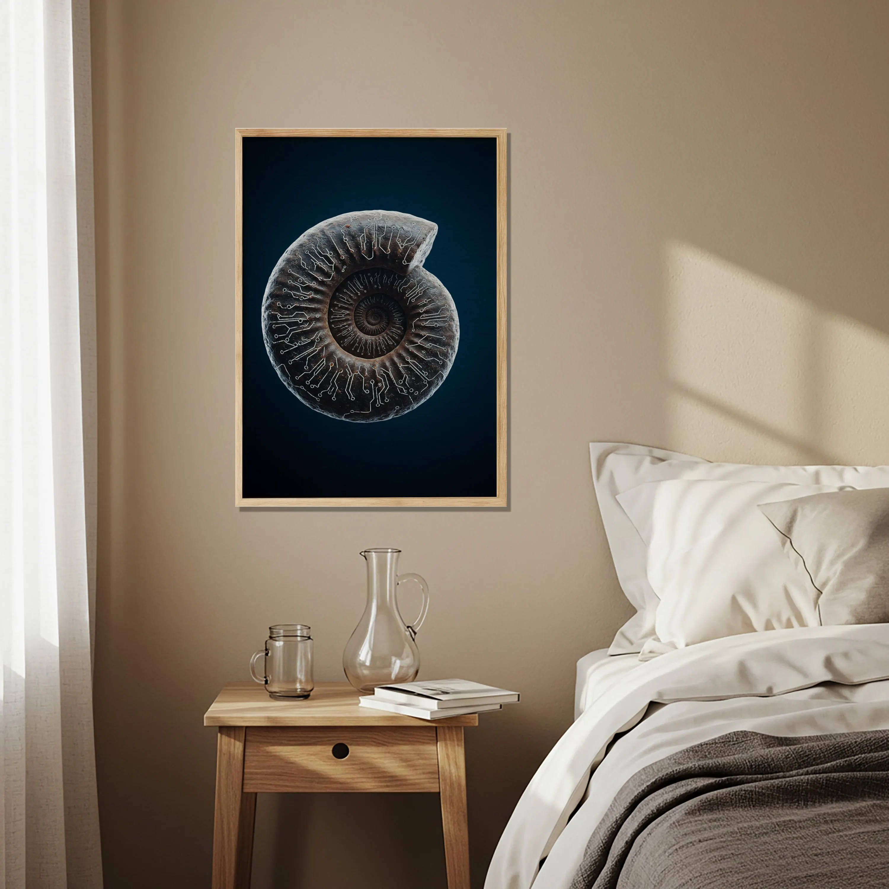 Fossil Spiral Wooden Poster, Nautilus Shell Wall Art, Ancient Ocean-Inspired Artwork, Natural History Decor for Living Room Balcony