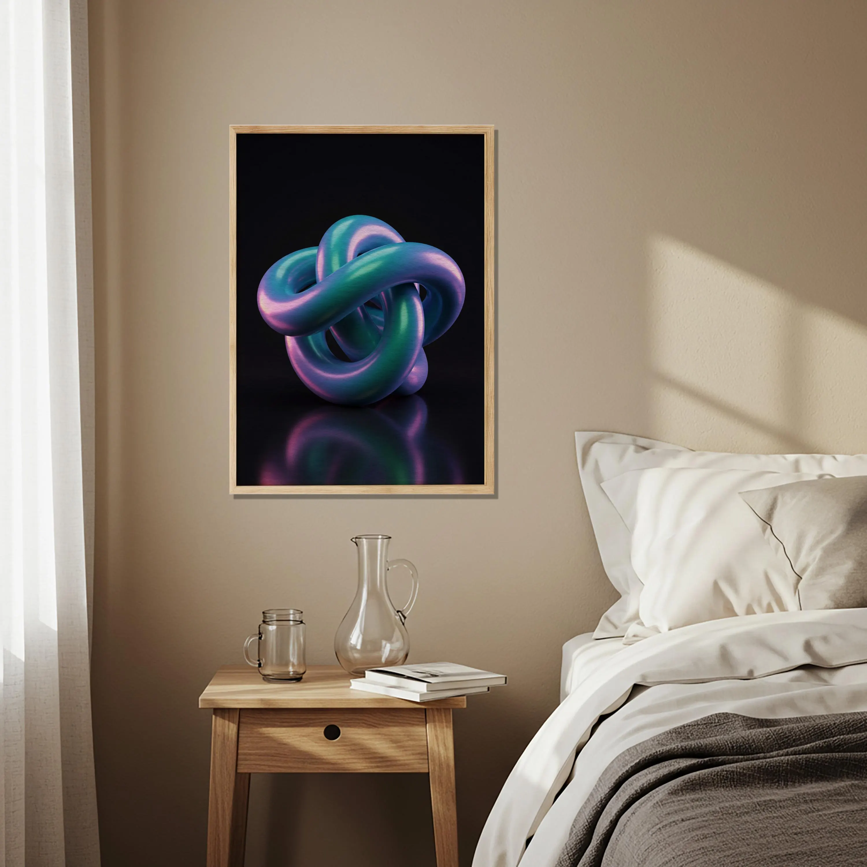 Intertwined Knot Wooden Poster, Abstract 3D Wall Art, Futuristic Modern Artwork, Purple Blue Geometric Decor for Living Room Balcony