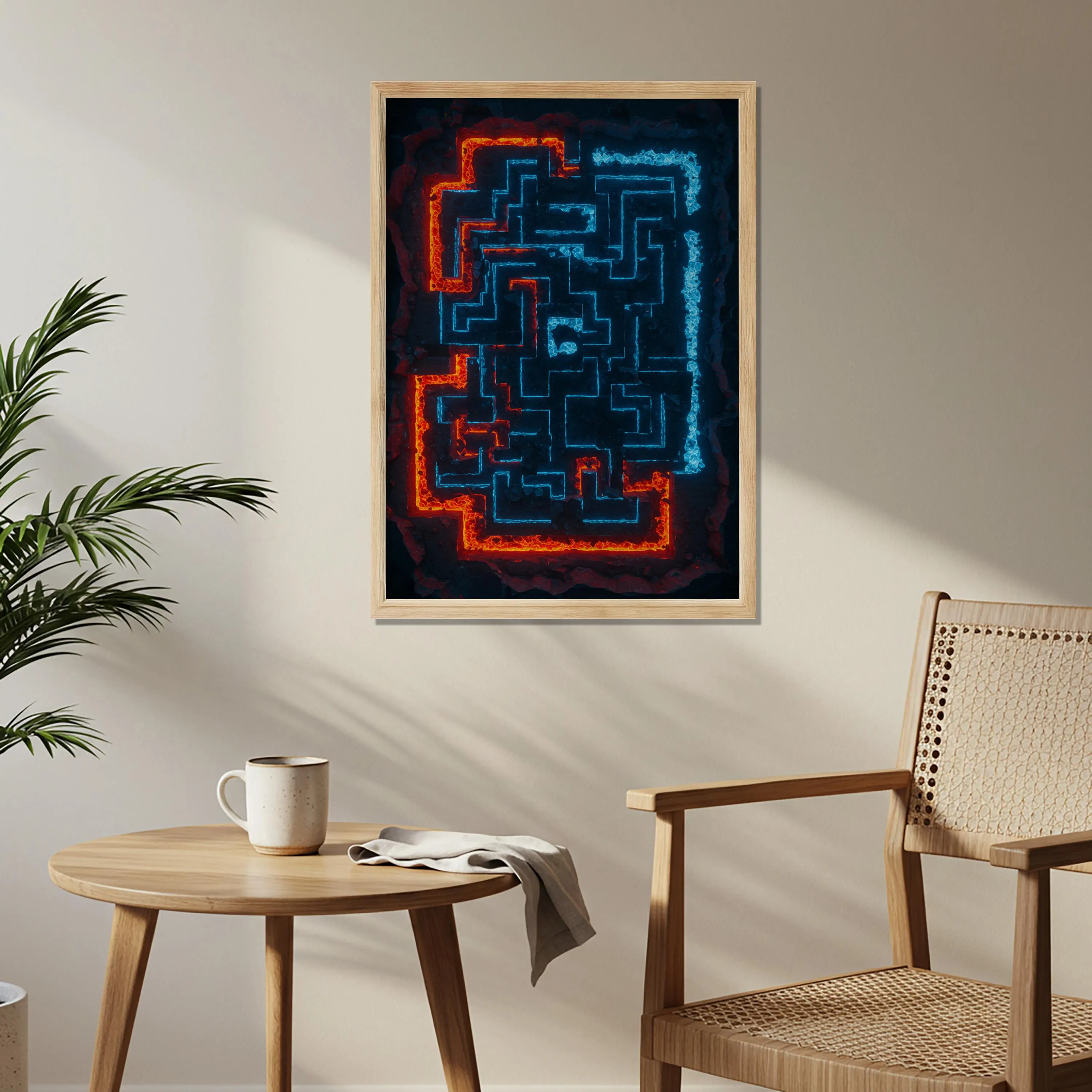 Abstract Labyrinth Wall Art in Red and Blue | Futuristic Neon Maze Poster | Cyberpunk Geometric Artwork Living Room Office Balcony Gift - image 5