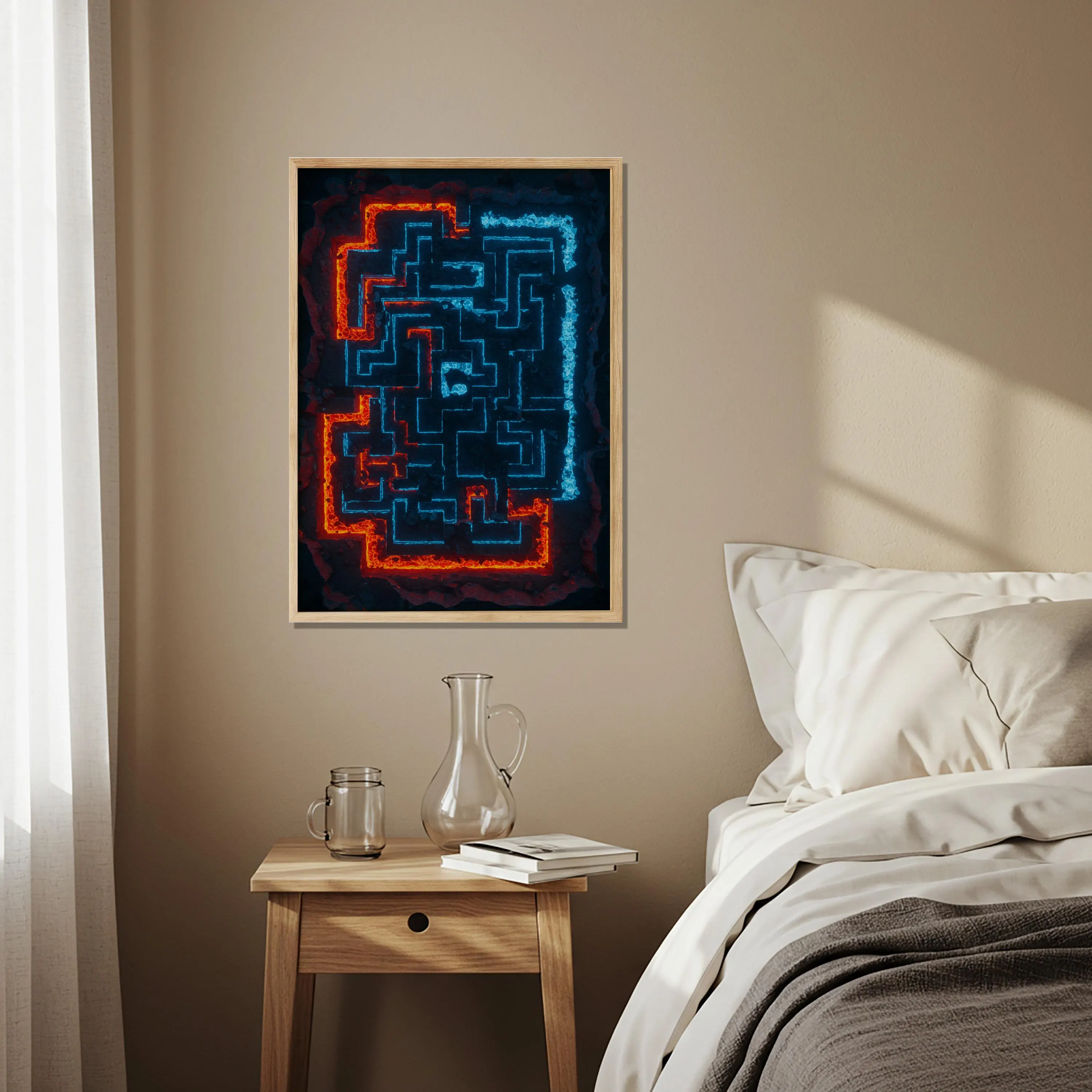 Abstract Labyrinth Wall Art in Red and Blue | Futuristic Neon Maze Poster | Cyberpunk Geometric Artwork Living Room Office Balcony Gift