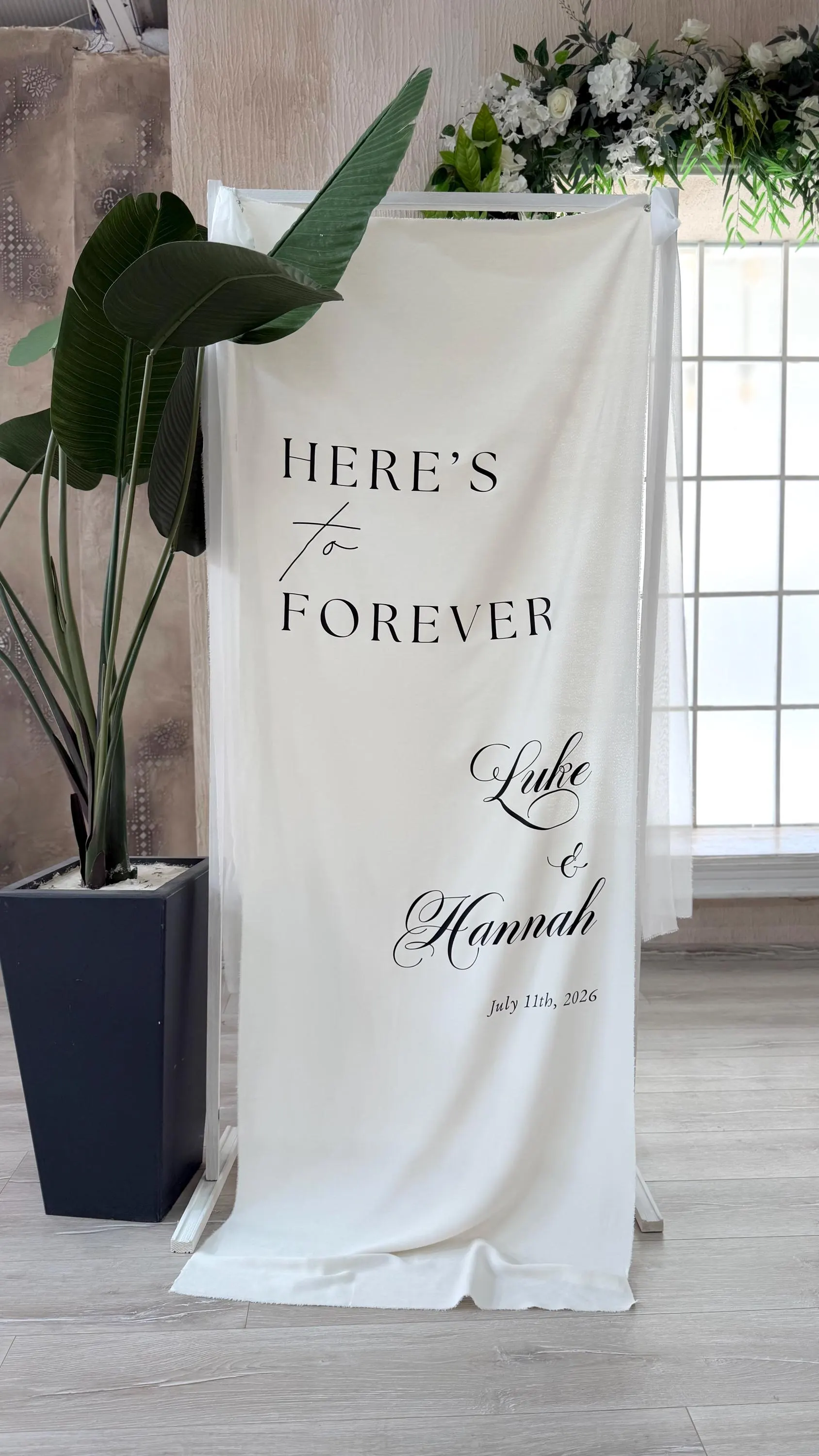 Personalized Fabric Banner, Custom Linen Wedding Welcome Sign, Personlized Here's to Forever Sign