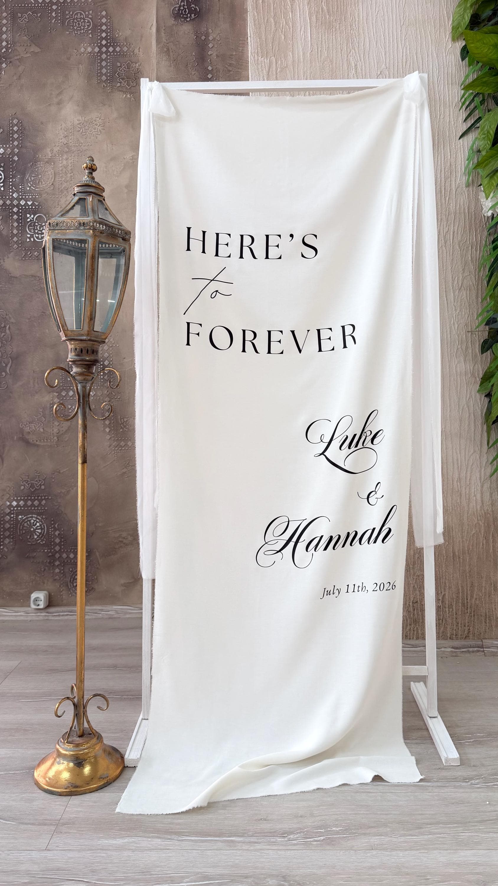 Custom Linen Wedding Welcome Sign, Personalized Fabric Banner, Personlized Here's to Forever Sign