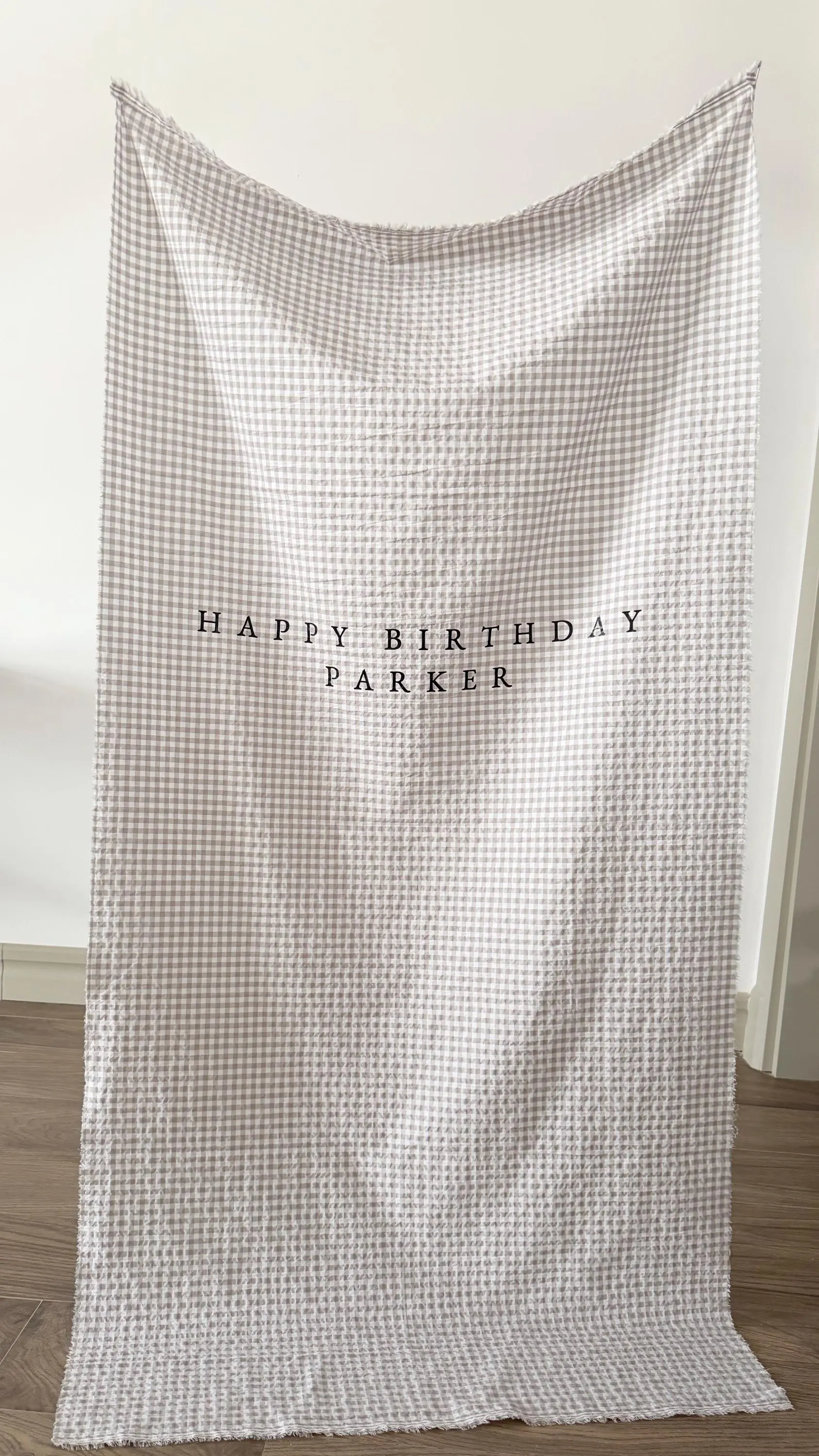 Personalised Plaid Fabric Birthday Sign, Birthday Banner, Custom Birthday Banner, Fabric Sign, Fabric Birtday Sign, Tan Gingham Fabric