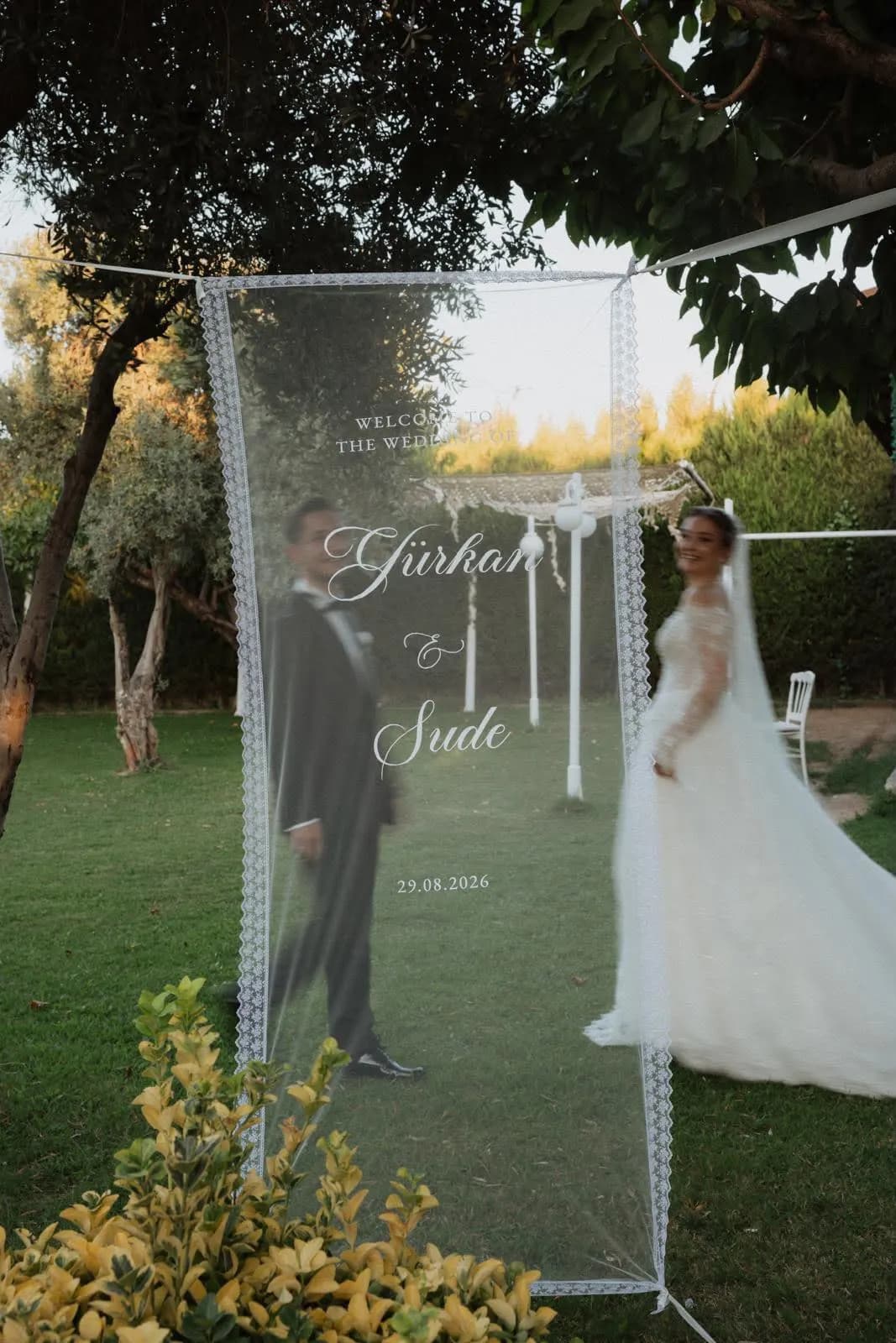 Custom Modern Wedding Banner, Personalized  Sheer Lace Wedding Welcome Sign