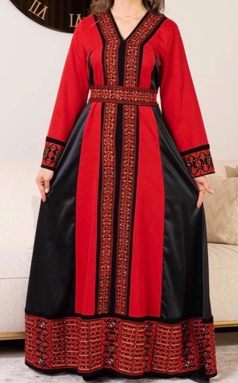 Hand-Embroidered Palestinian Tatreez Abaya, Red Black Fallahi Thobe, Wedding Dress Fabric - image 3