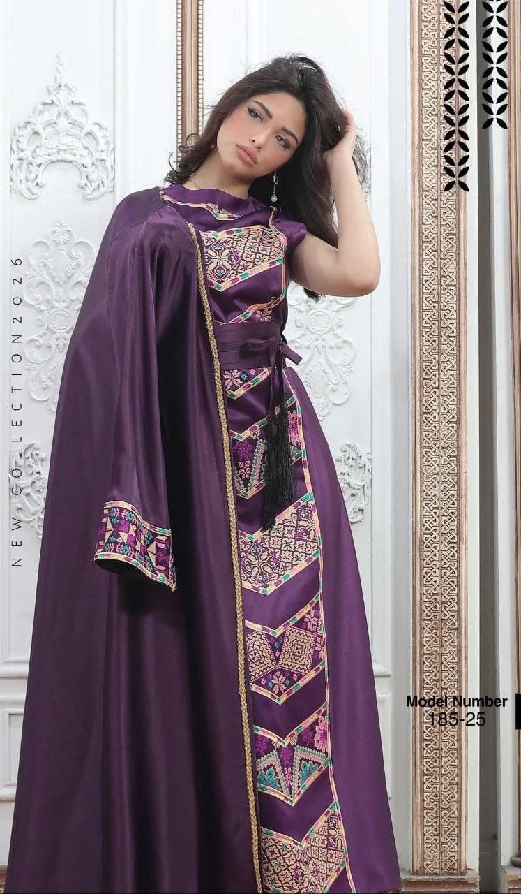 Purple Tatreez Abaya Wedding Dress, Palestinian Embroidery Fallahi Thobe Fabric - image 2