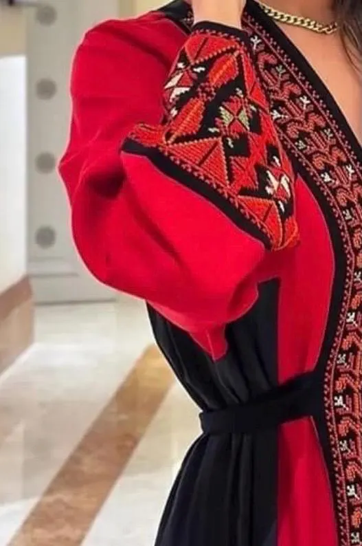 Hand-Embroidered Palestinian Tatreez Abaya, Red Black Fallahi Thobe, Wedding Dress Fabric - image 5