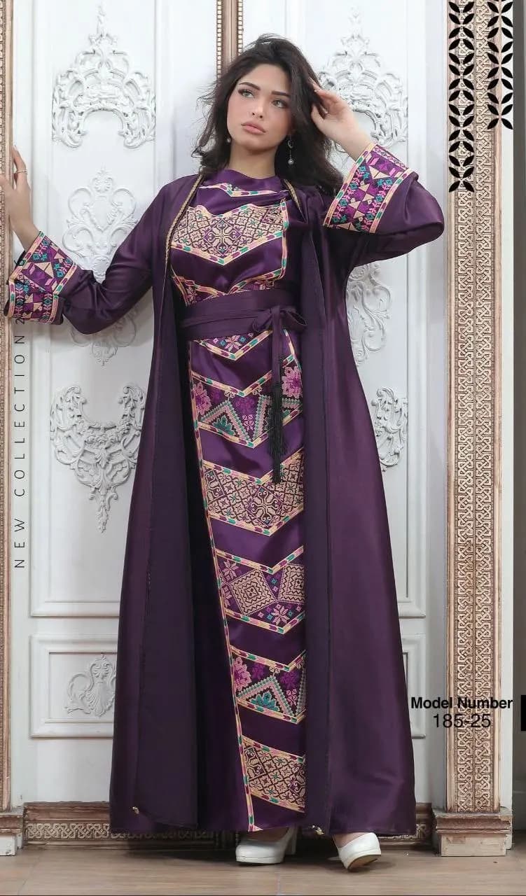 Purple Tatreez Abaya Wedding Dress, Palestinian Embroidery Fallahi Thobe Fabric