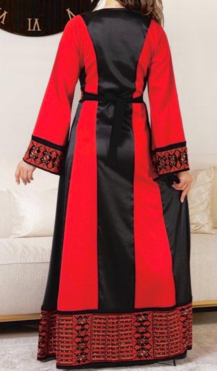 Hand-Embroidered Palestinian Tatreez Abaya, Red Black Fallahi Thobe, Wedding Dress Fabric - image 4