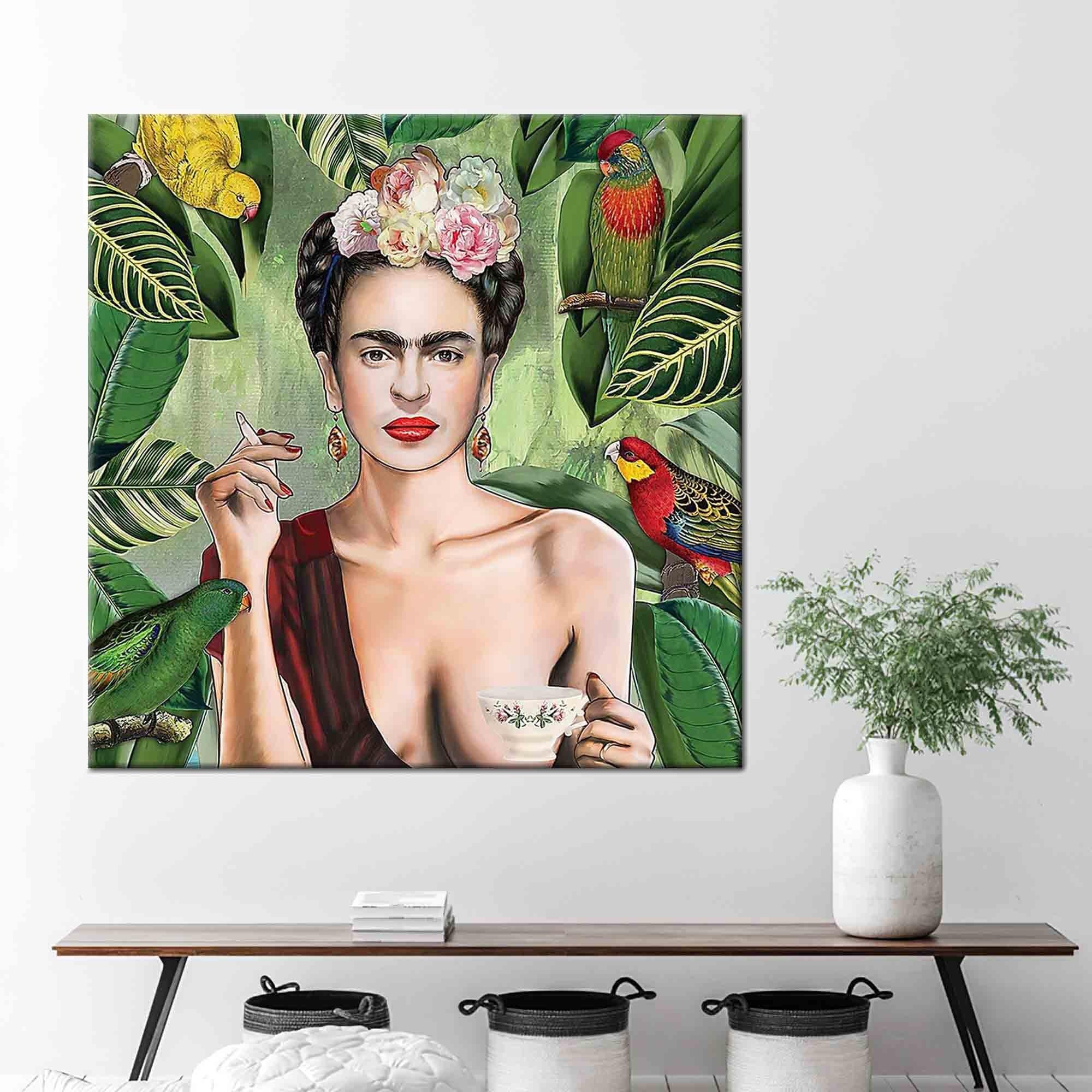 Frida Artwork, Frida Kahlo Art Canvas, Smoking Art Canvas, Smoke Artwork, Woman Wall Decor, Birds Jungle Artwork, Famous Printed,