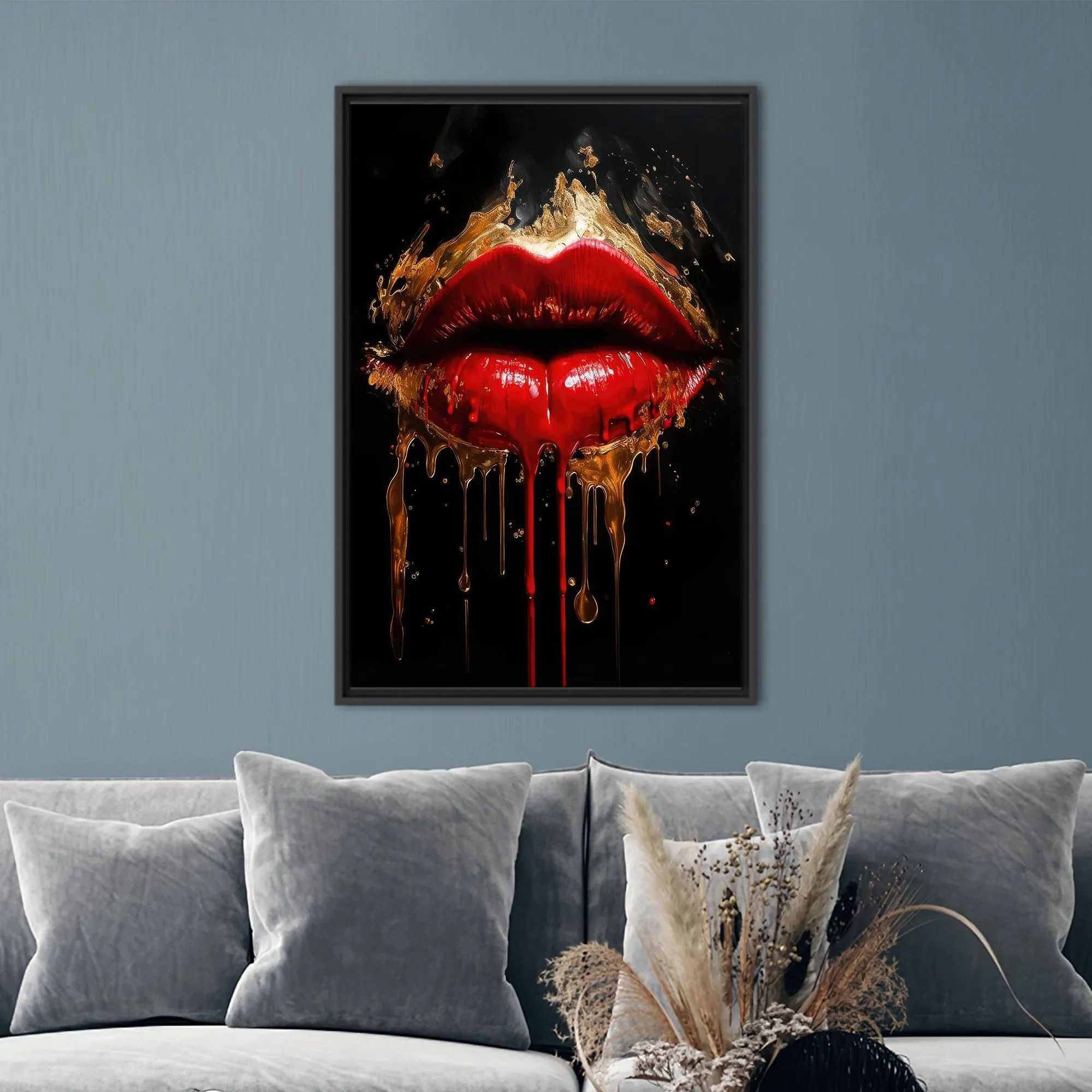 Modern Wall Art, Abstract Wall Hangings, Red Lip with Gold Painting Print Wall Decor, Luxury Canvas Art, Personalized Gift, Bedroom Decor,