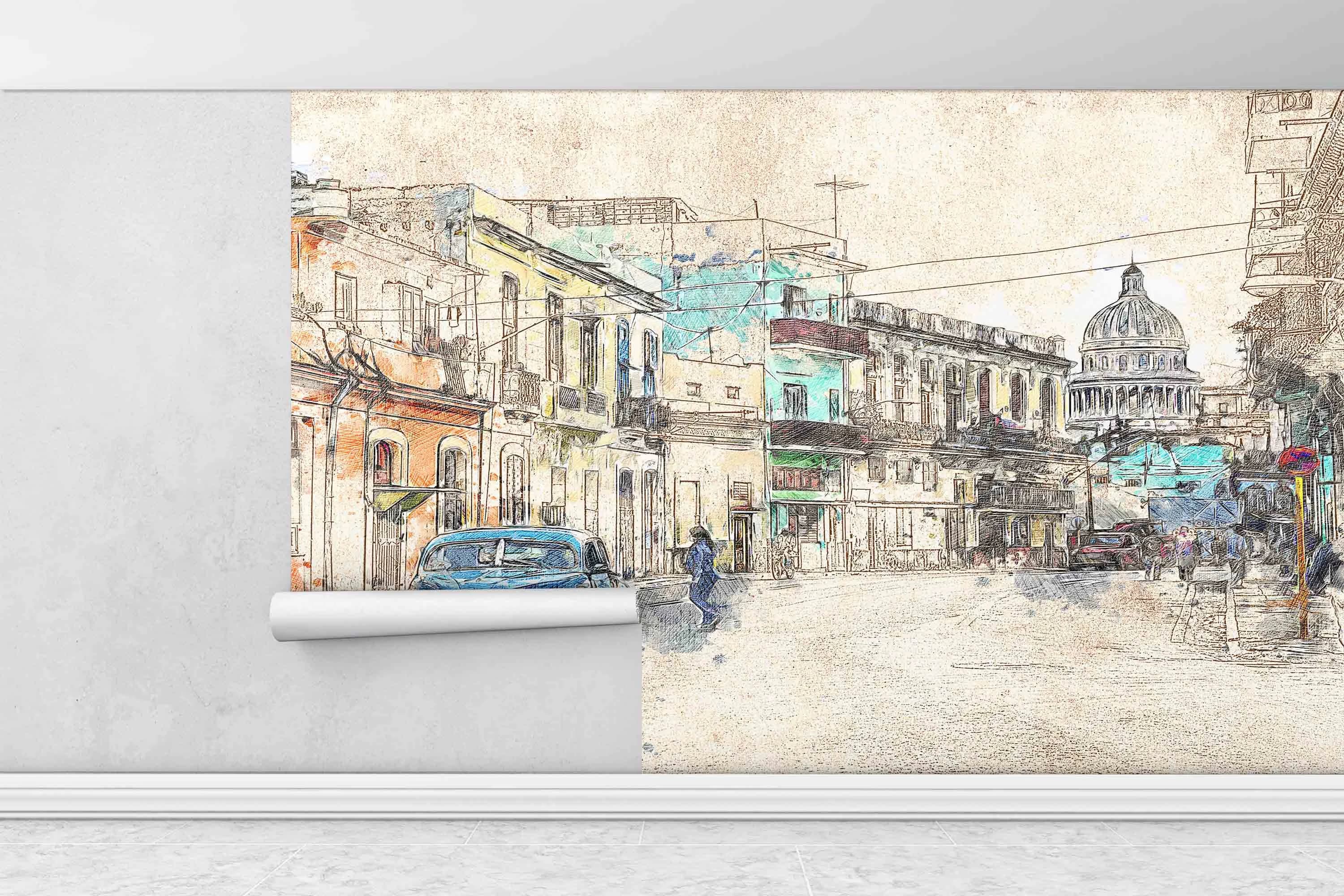 Peel and Stick Wallpaper, City Architecture Drawing Wallpaper, City Landscape Wall Mural, Wallpaper, Office Wall Paper, Wallpaper Mural,
