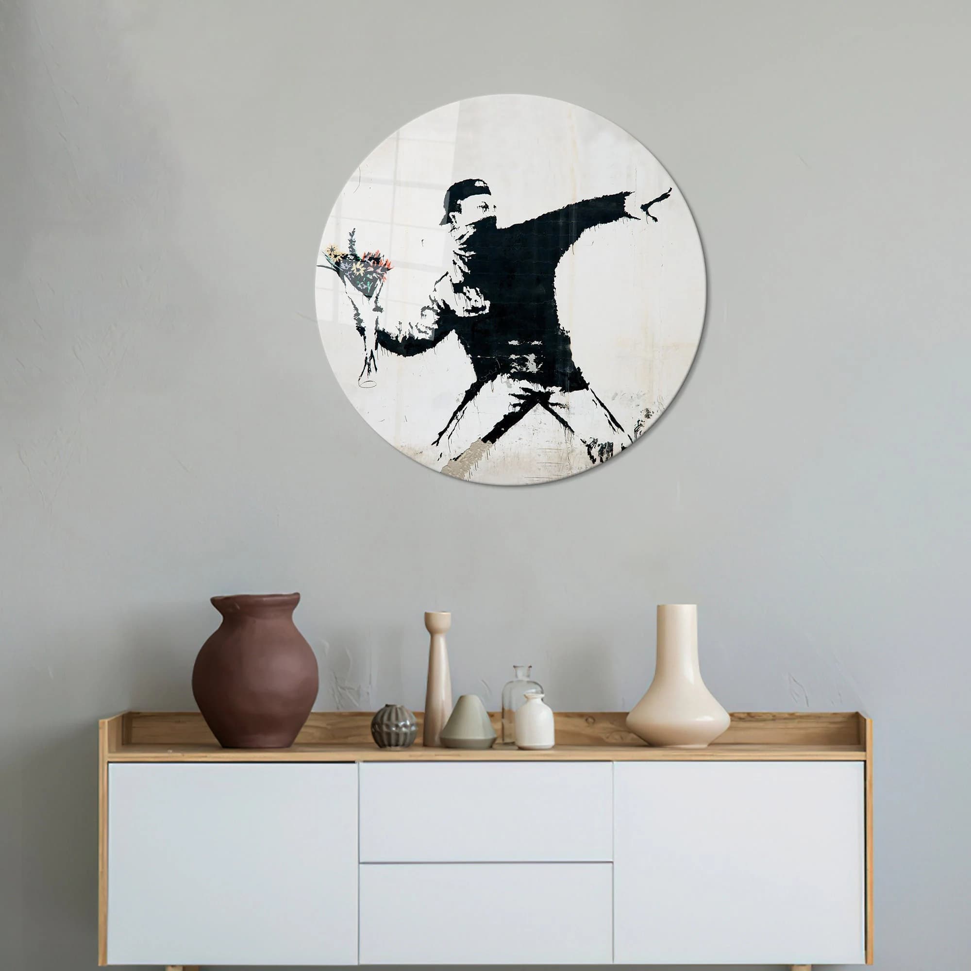 Wall Decoration,Banksy Flower Bomber Wall Decor,Wall Decor,Painting Glass Decor,Tempered Glass,Graffiti Glass Wall Art,