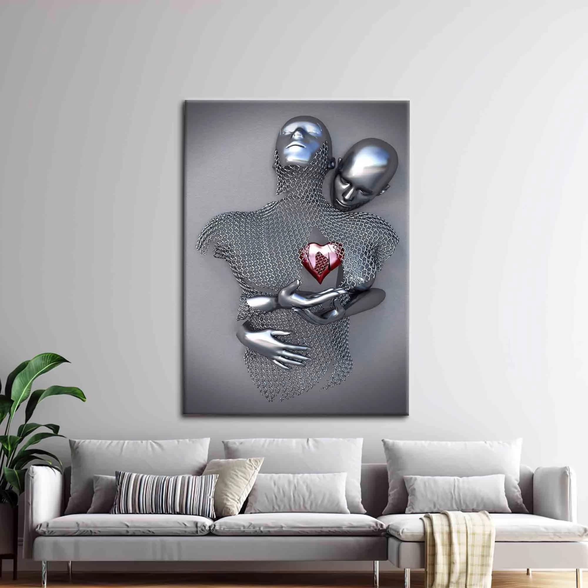 3d Silver Couple, Bedroom Wall Decor, Modern Wall Art, Abstract Canvas, Love Canvas, Romantic Couple Poster, Hugging Couple Wall Decor,
