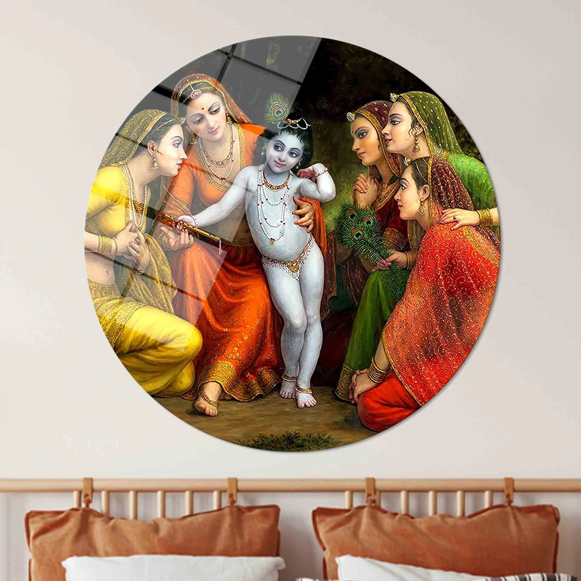 Glass Art Gift, Glass Wall Art, Baby Lord Krishna, Indan Woman Glass Wall Art, Wall Decor, Indian Glass Decor, Krishna Glass Wall,