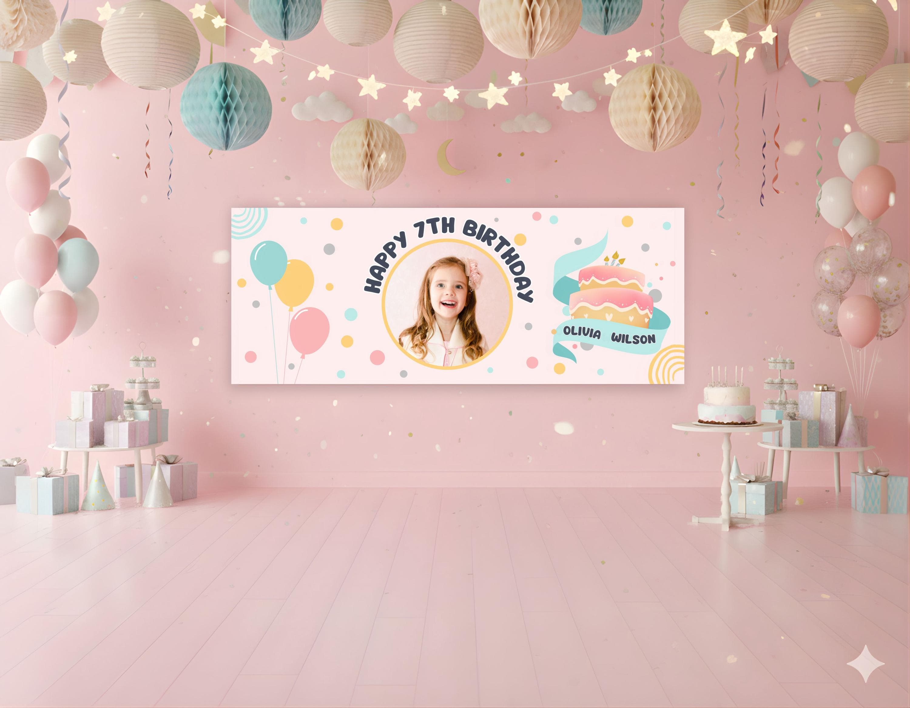 Custom Birthday Banner with Photo Name Age Pastel Balloon Party Backdrop