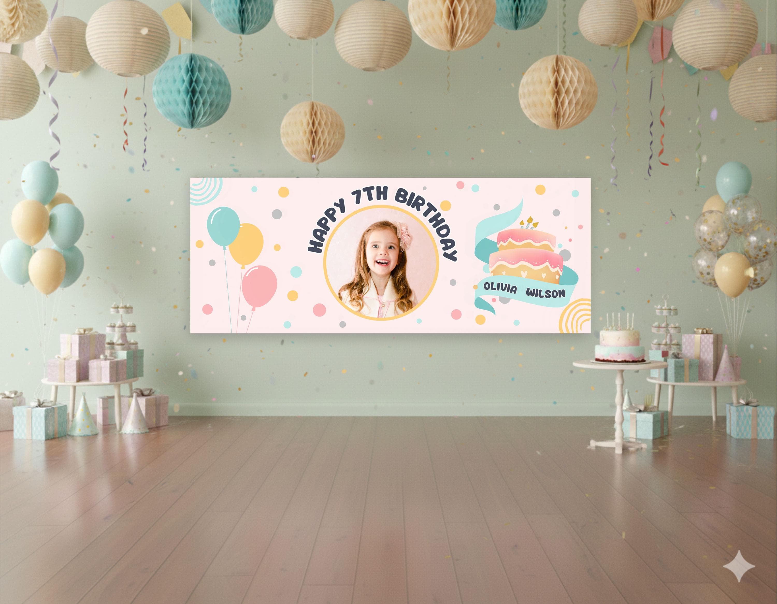 Custom Birthday Banner with Photo Name Age Pastel Balloon Party Backdrop - image 5