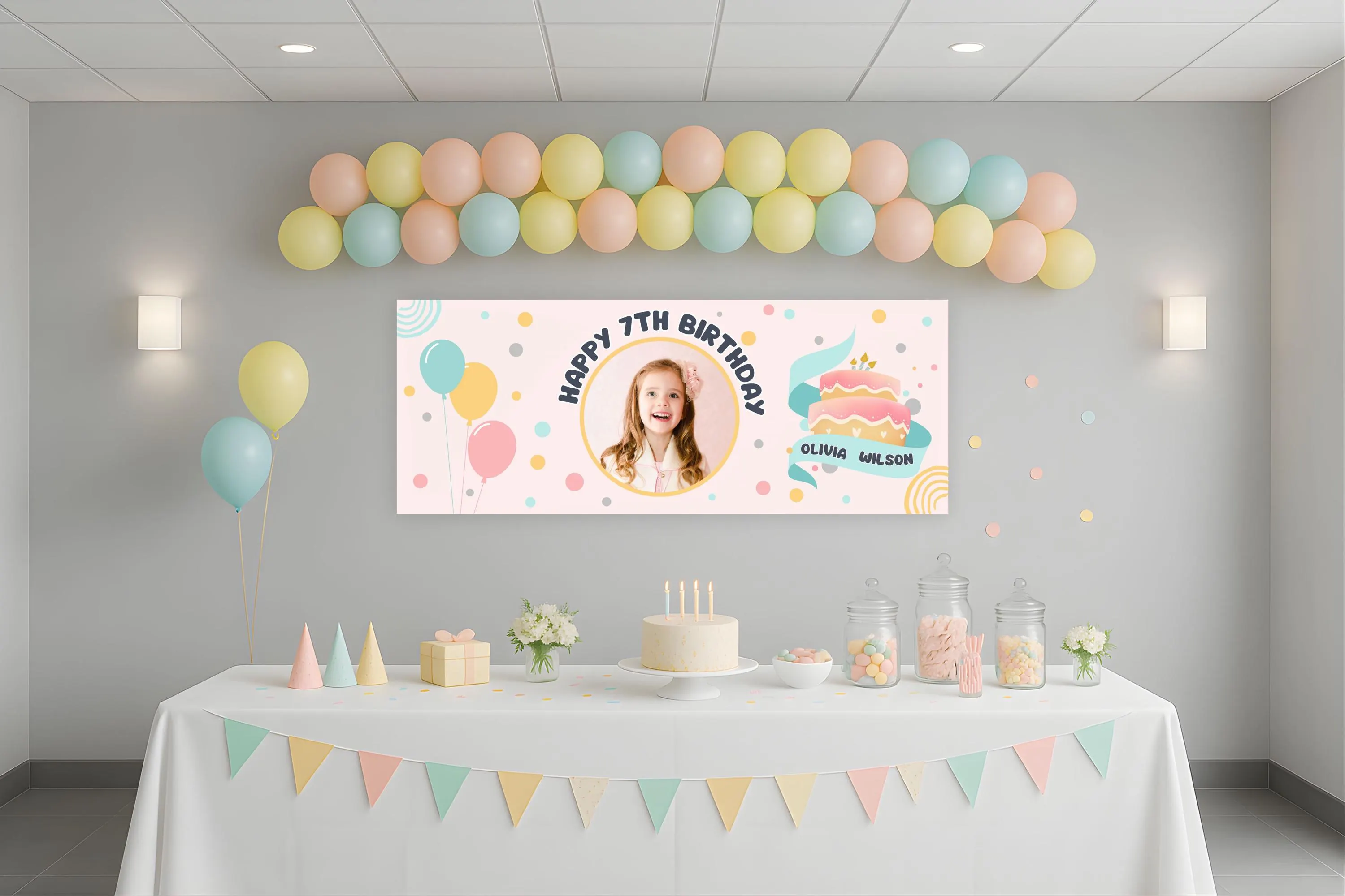 Custom Birthday Banner with Photo Name Age Pastel Balloon Party Backdrop - image 4
