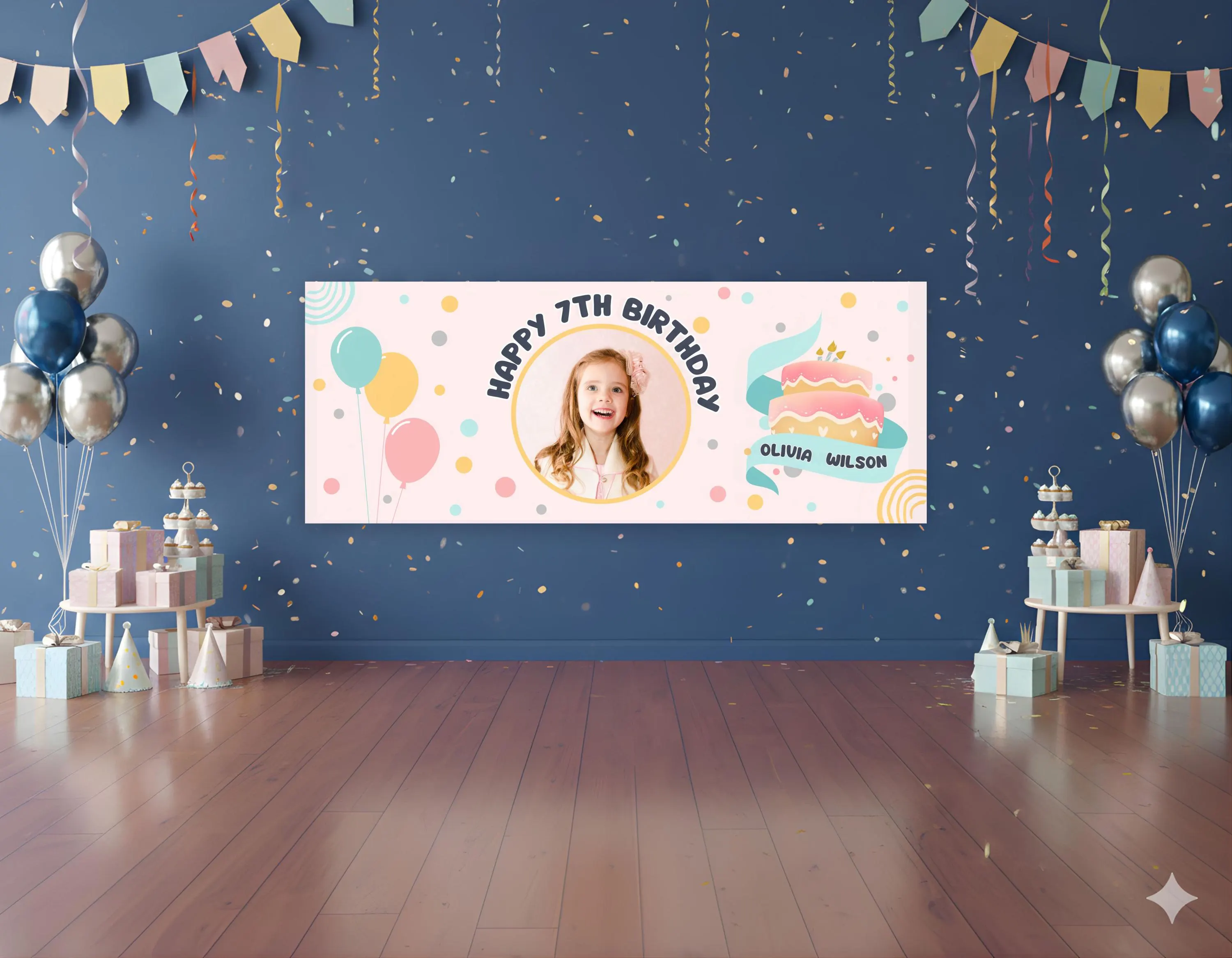 Custom Birthday Banner with Photo Name Age Pastel Balloon Party Backdrop - image 3