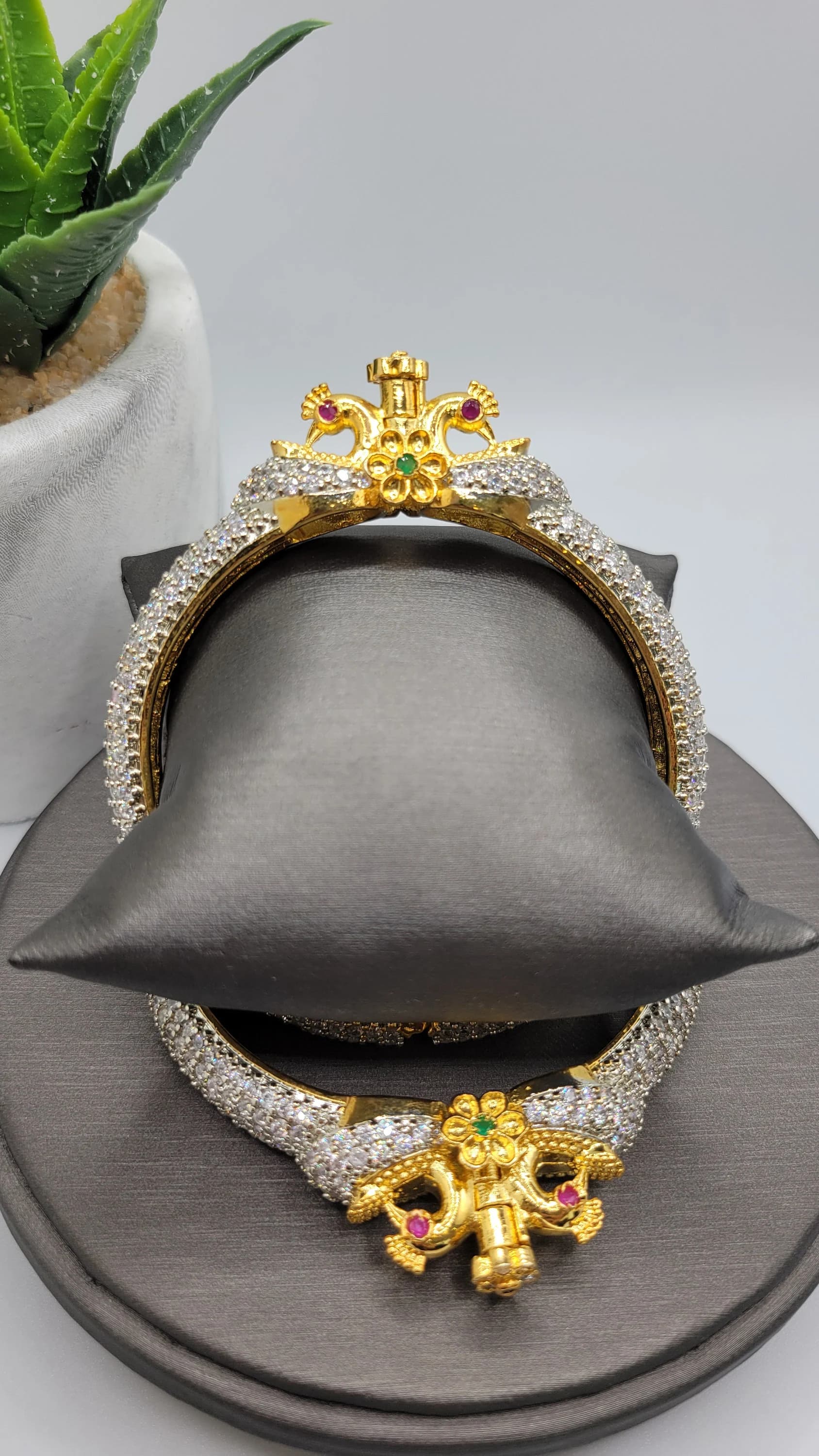 24k Gold Plated Bangle Set with Cubic Zirconia Peacock Design - image 5