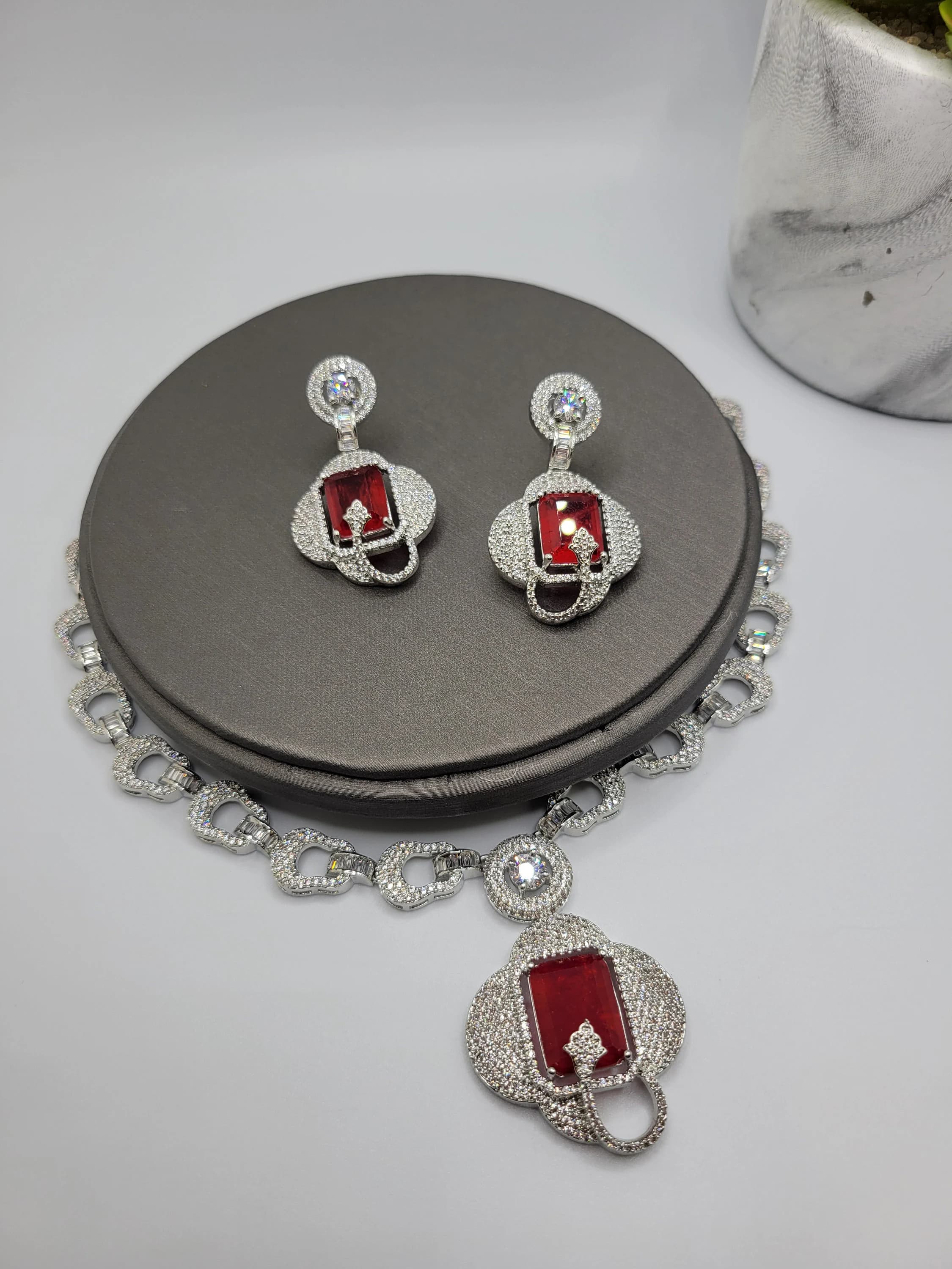 Red Stone Necklace and Earrings Set, Rhodium Plated - image 5