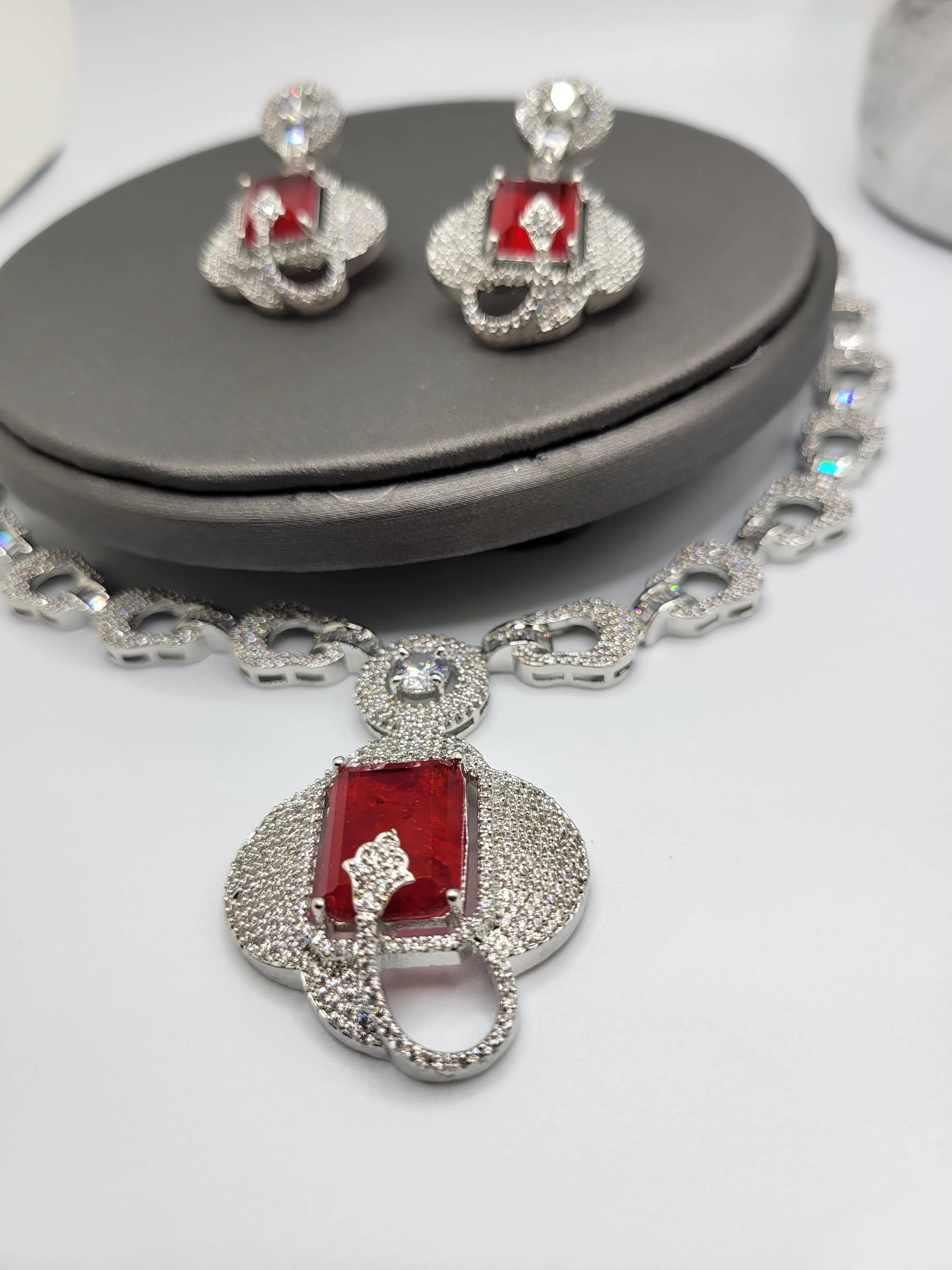 Red Stone Necklace and Earrings Set, Rhodium Plated - image 3